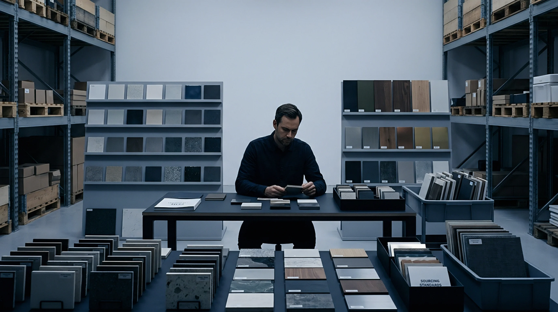 A quality inspector evaluates square material samples at a table flanked by organized display racks in a warehouse.