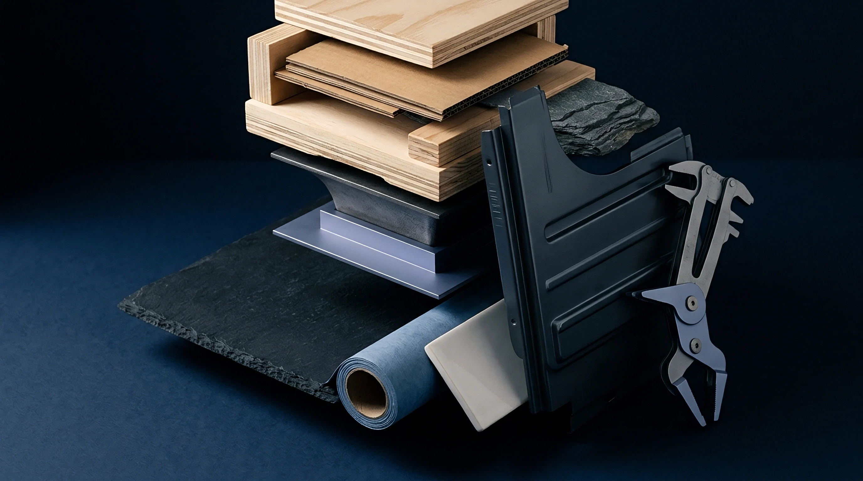 Industrial material samples including layered wood, corrugated cardboard, natural slate, polymer sheeting, and stamped metal components sit arranged for quality verification.