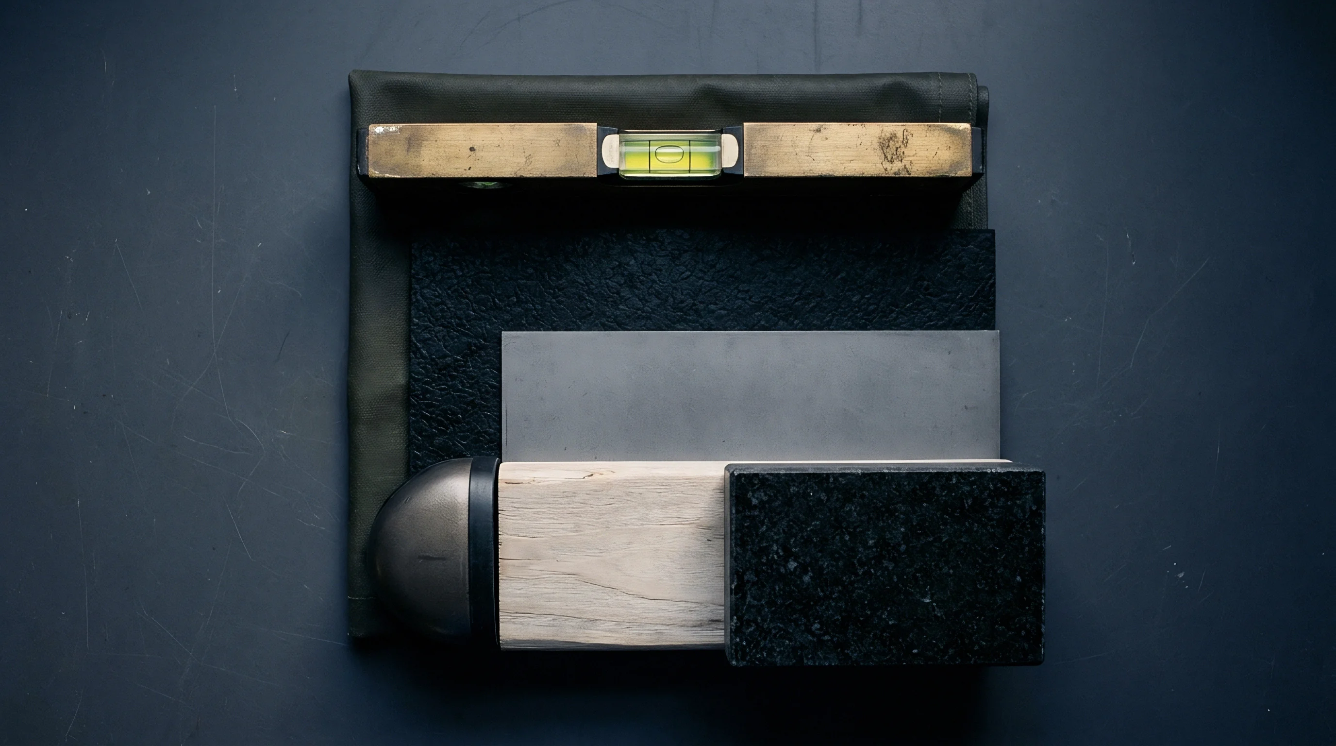 A brass spirit level sits above curated material samples including wood stone metal and textured polymer on a dark gray surface.