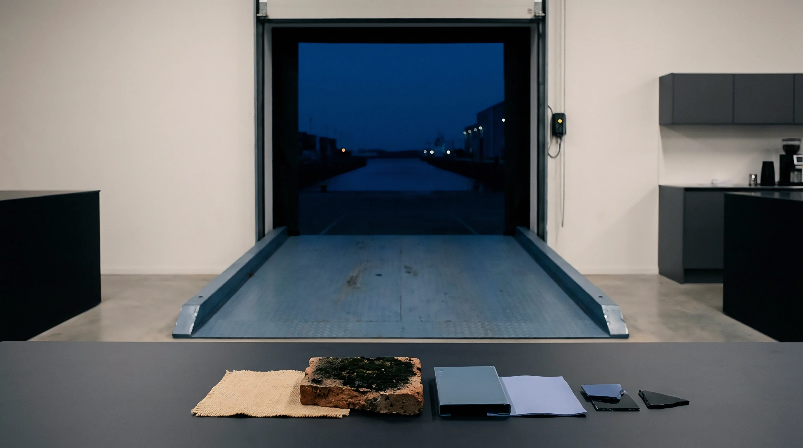 Diverse material specimens rest on a dark foreground surface before an open warehouse loading bay overlooking a shipping canal at night.