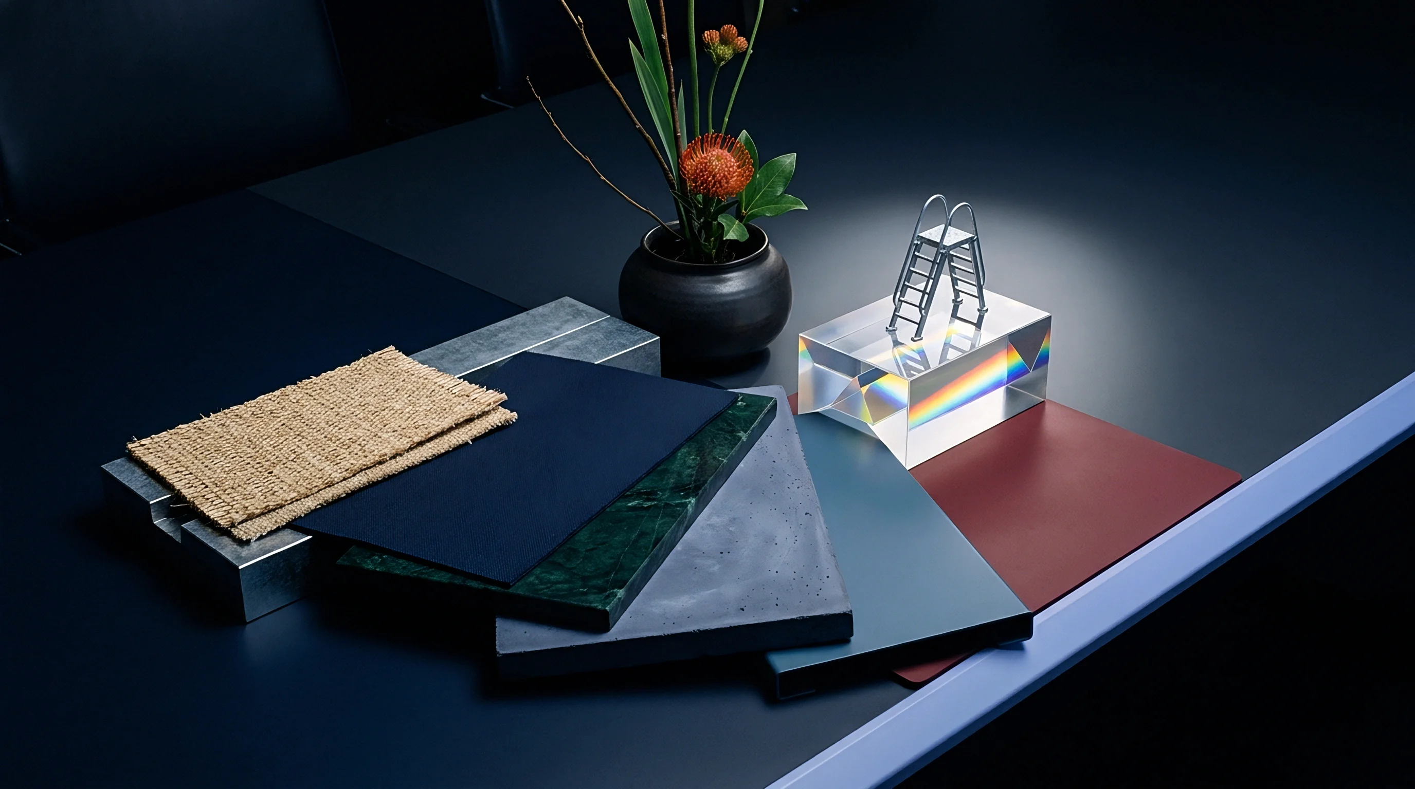 Diverse material swatches including textile weave, polymer panel, polished stone, and concrete slab lie flat across a dark industrial table.
