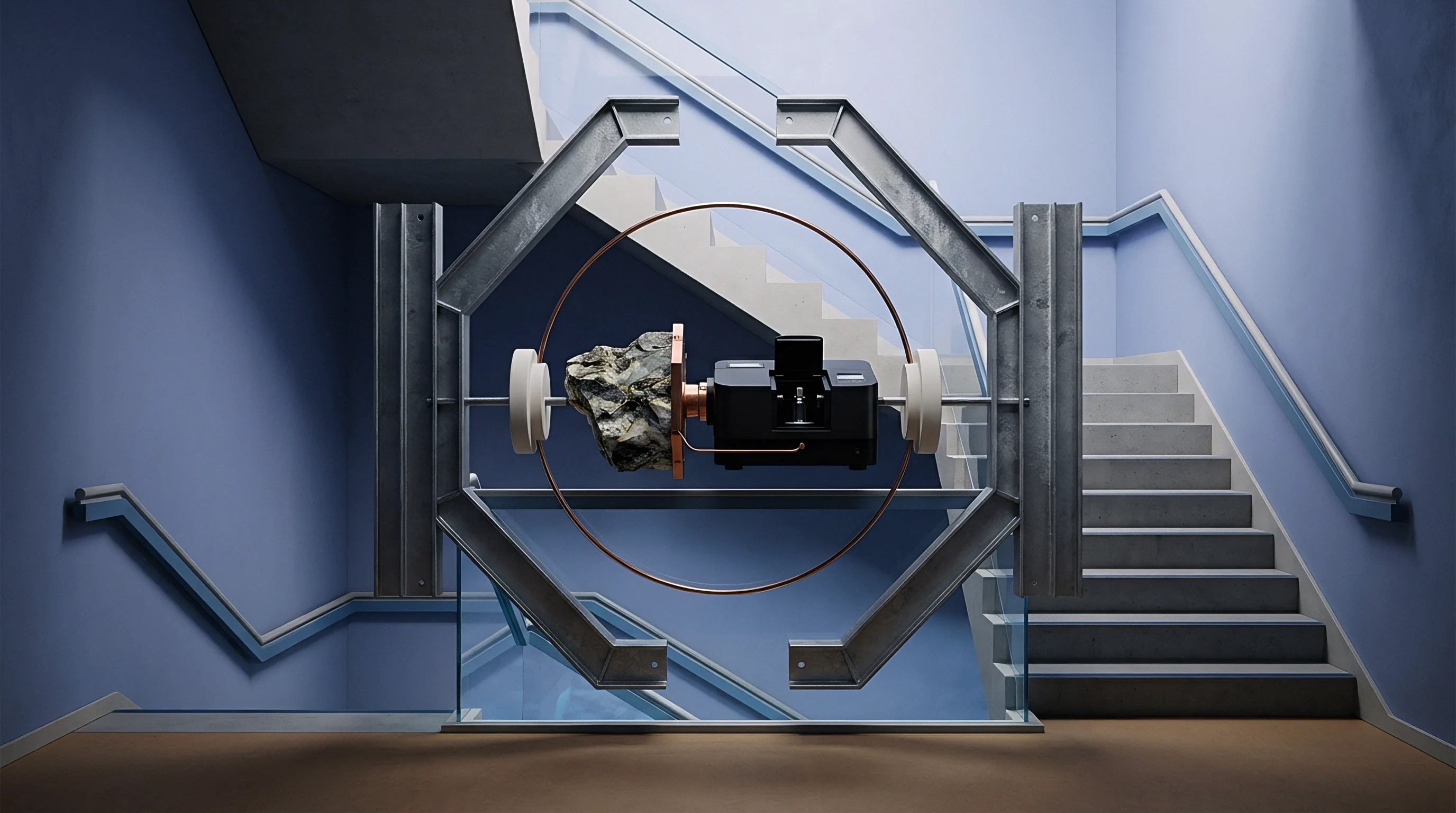 A rough mineral ore specimen rests secured inside an octagonal steel frame positioned before a light blue staircase in this digital rendering.
