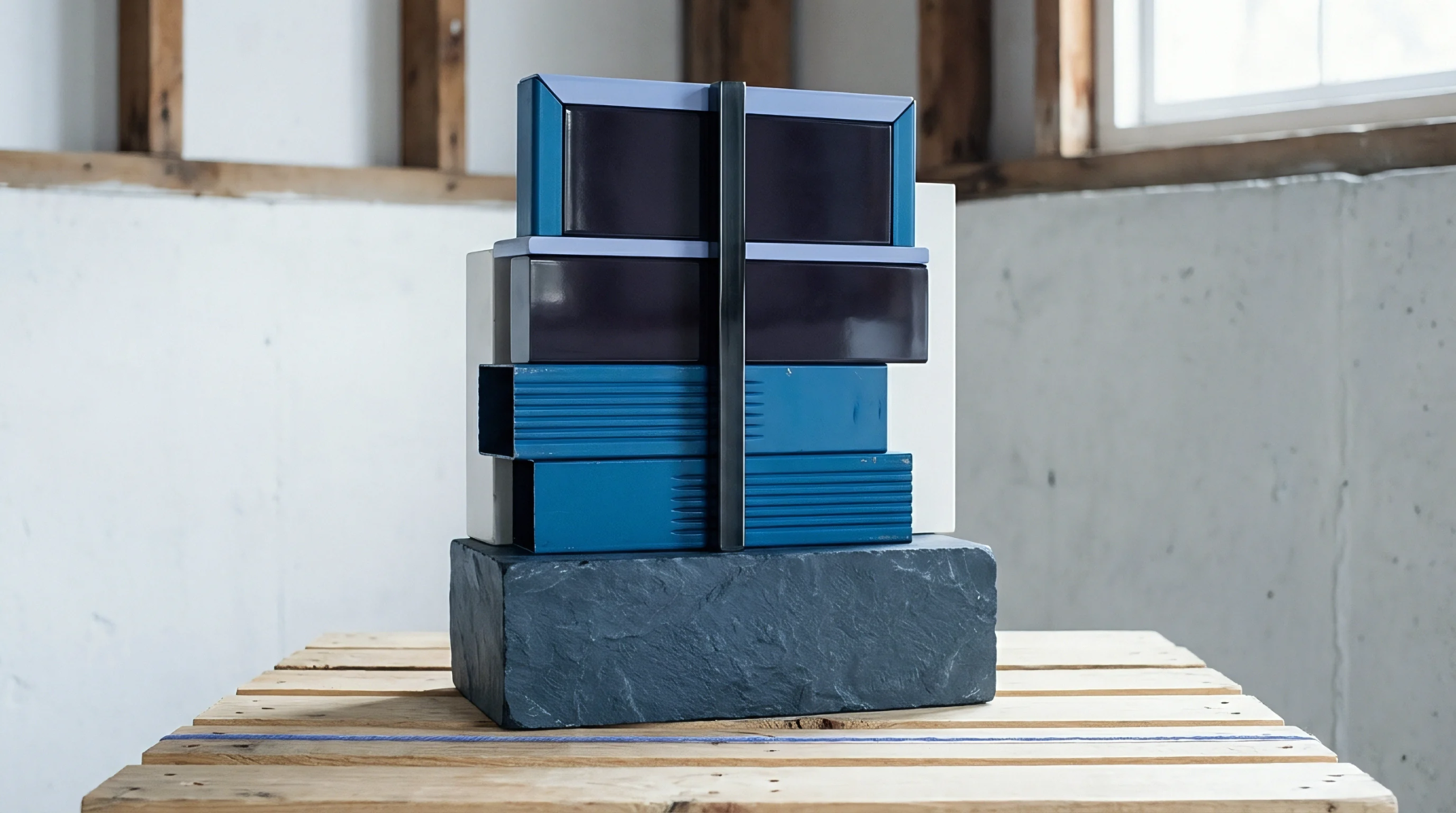 Modular architectural extrusions and stone samples sit on a wooden shipping pallet inside an unfinished industrial storage facility with concrete walls.