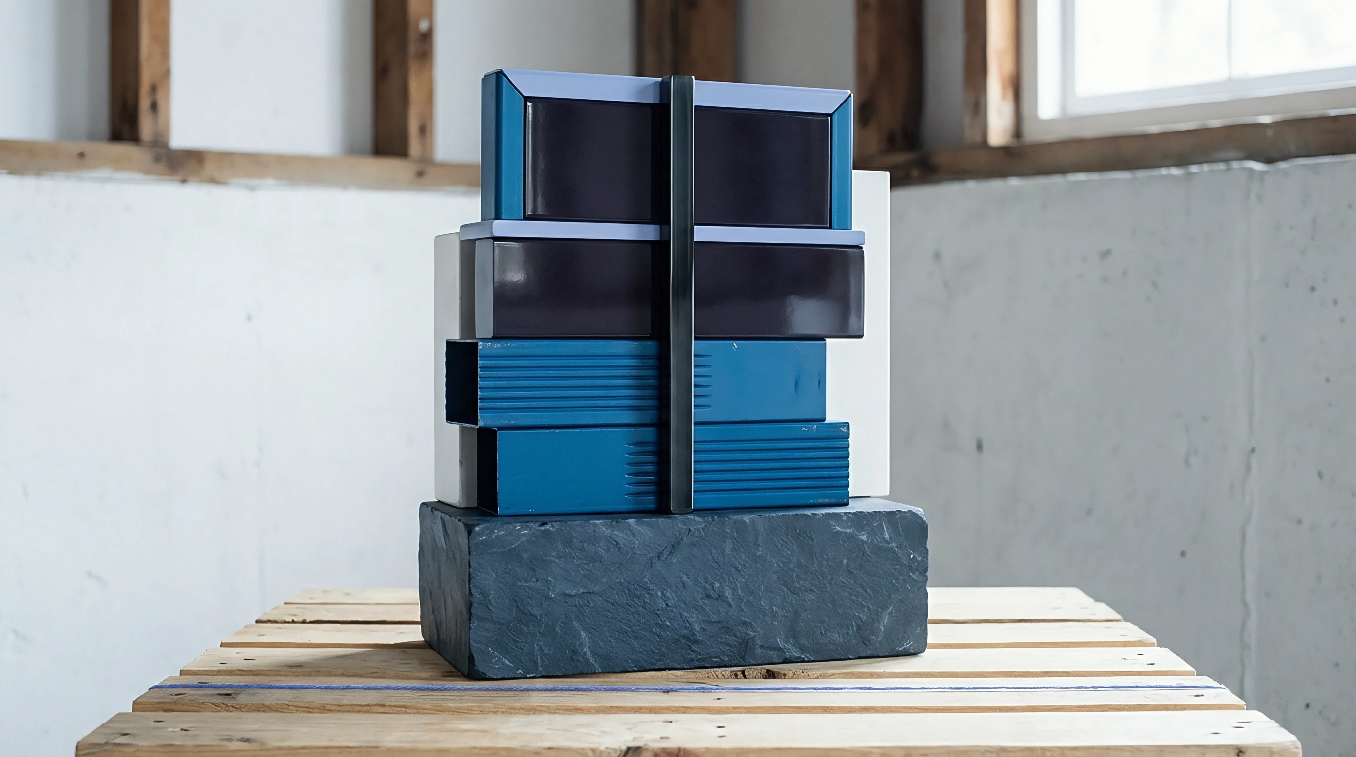 Modular architectural extrusions and stone samples sit on a wooden shipping pallet inside an unfinished industrial storage facility with concrete walls.