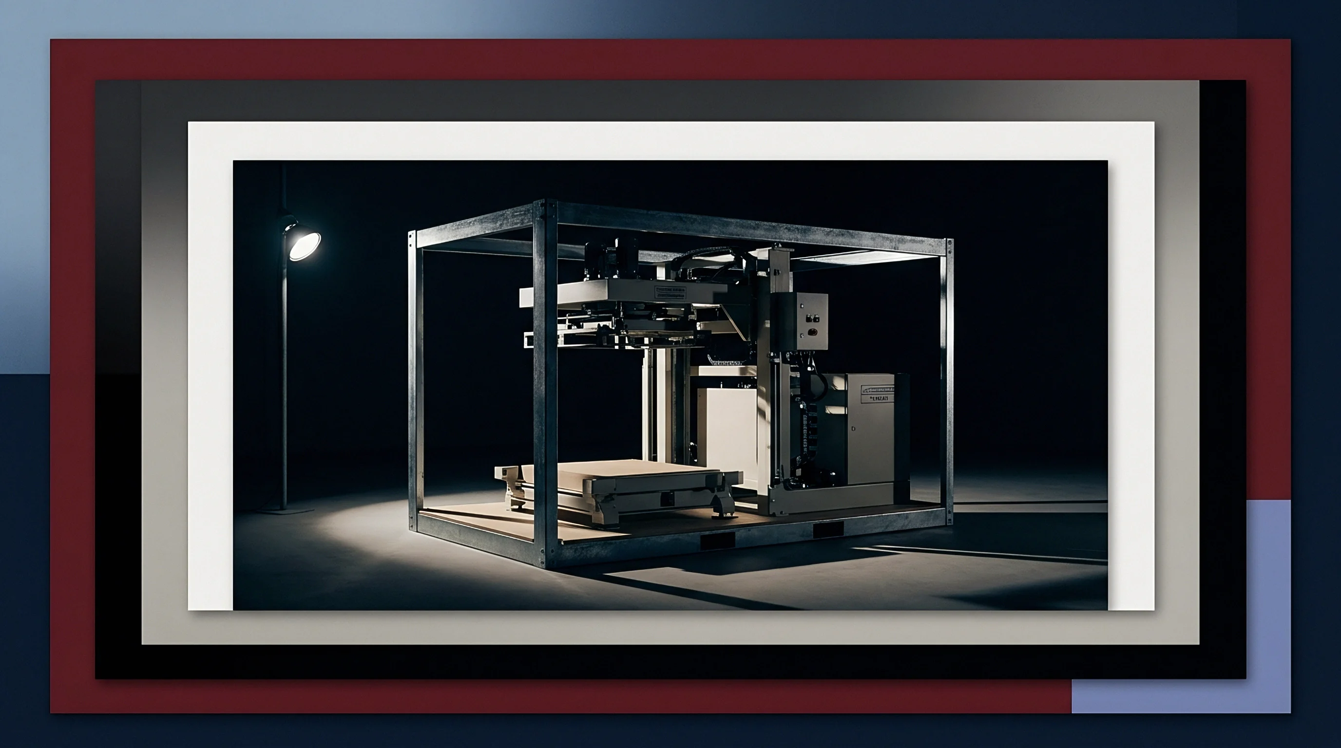 A modular industrial inspection cell rests inside a galvanized steel frame within a dark production testing facility.