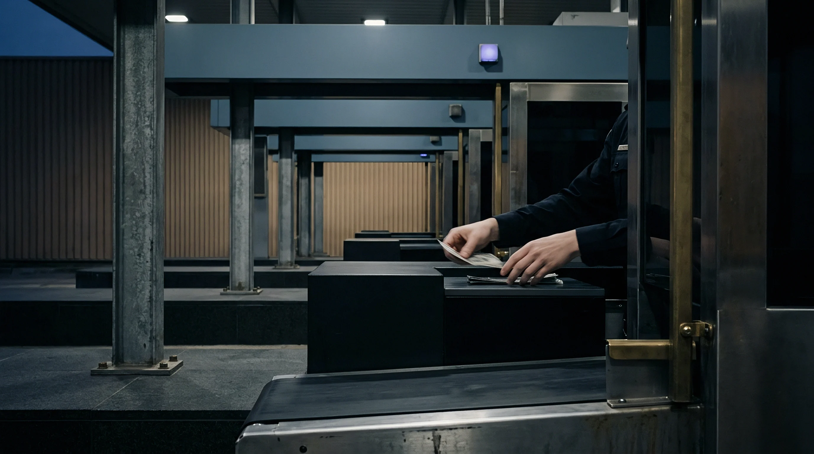 A uniformed official handles paper documents and currency across a stainless steel inspection counter at an industrial border checkpoint station during twilight.