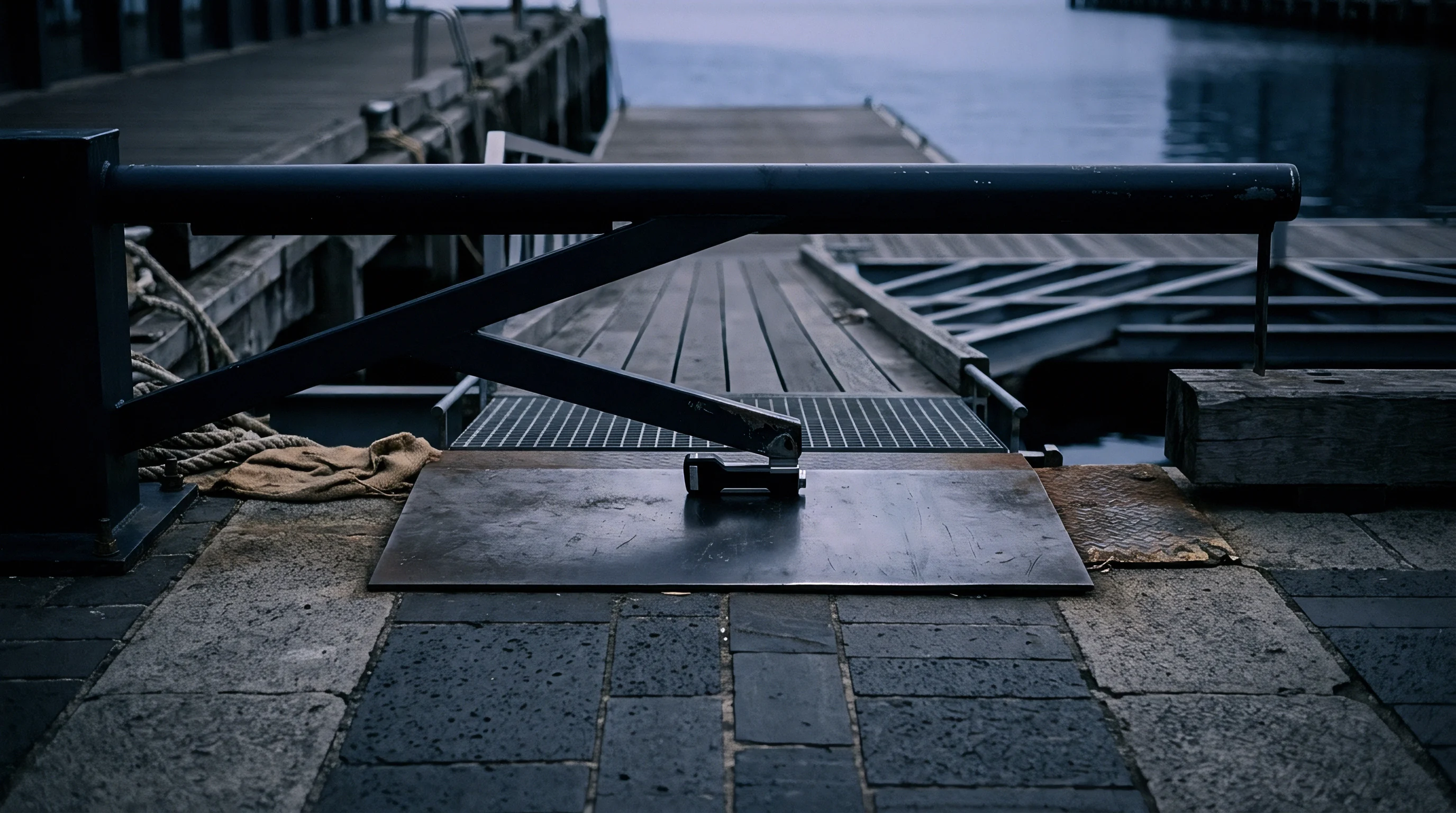 A dark metal vehicle barrier gate sits lowered over a slipway ramp at a quiet marine dock with wooden decking.