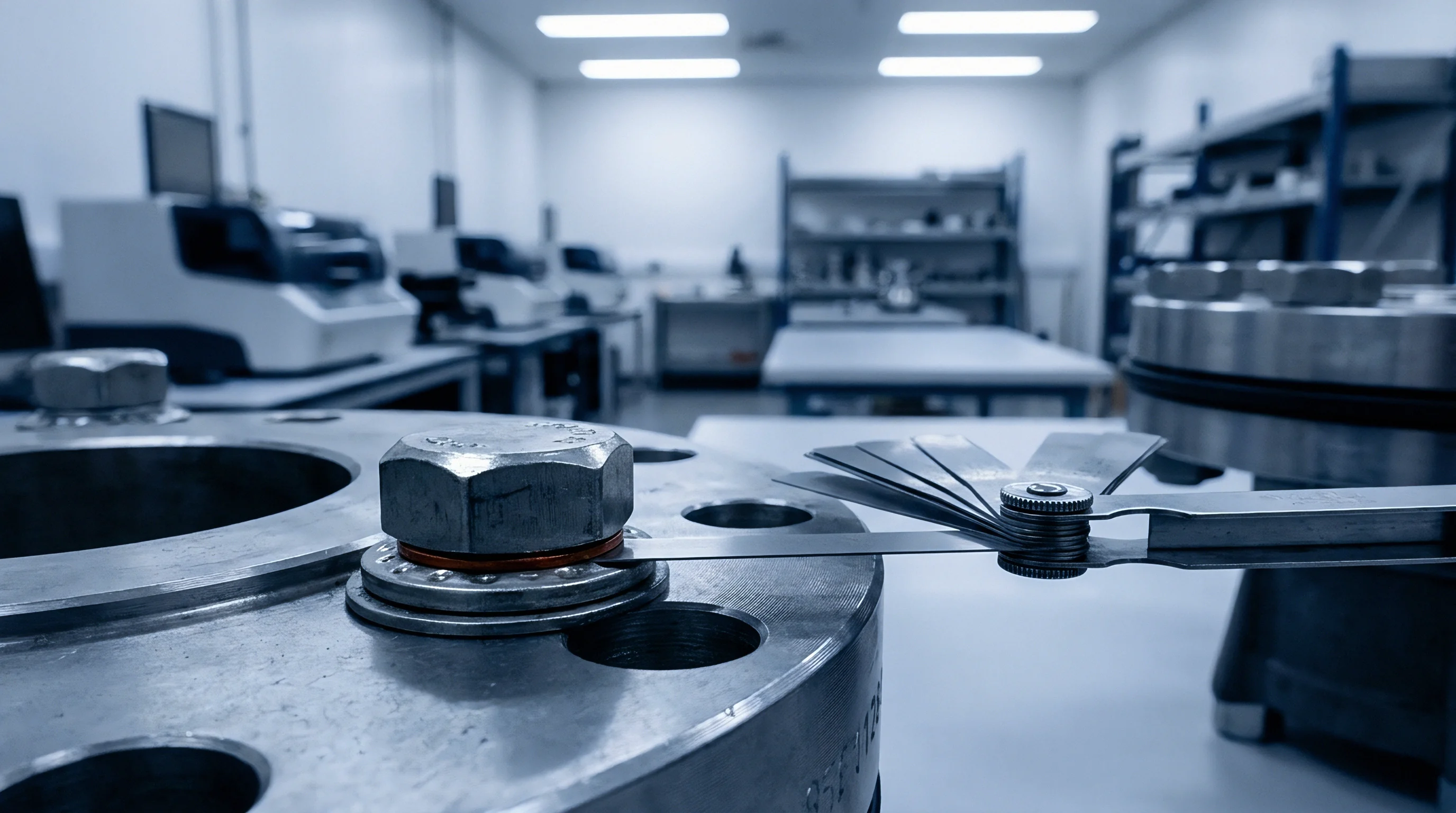 A steel feeler gauge measures the clearance beneath a bolt secured to a metal flange inside a manufacturing quality control laboratory.