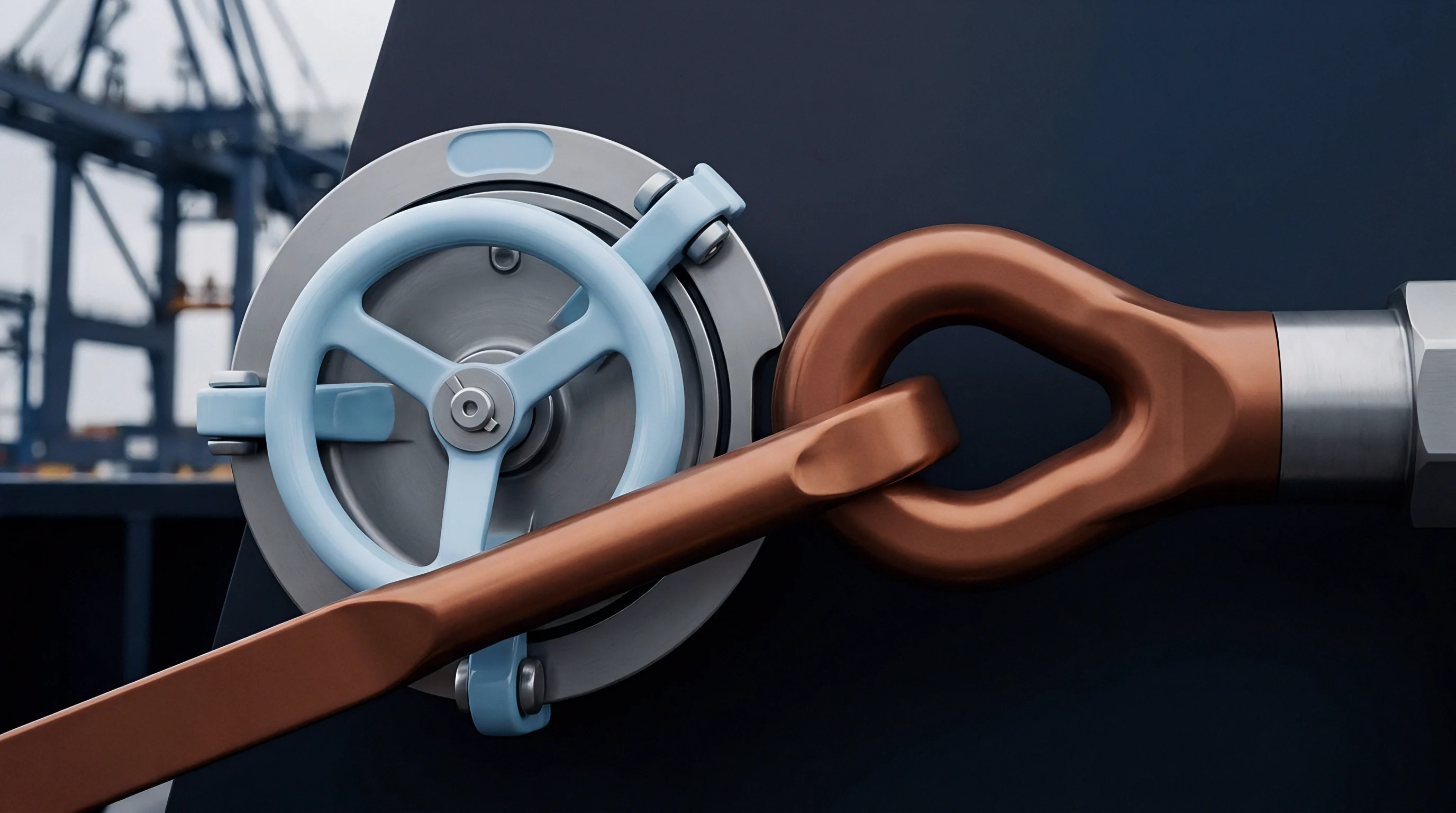 A rendered illustration presents a light blue industrial handwheel connected to a metallic mechanism, alongside a copper-toned eye bolt engaged by a similar material lever.