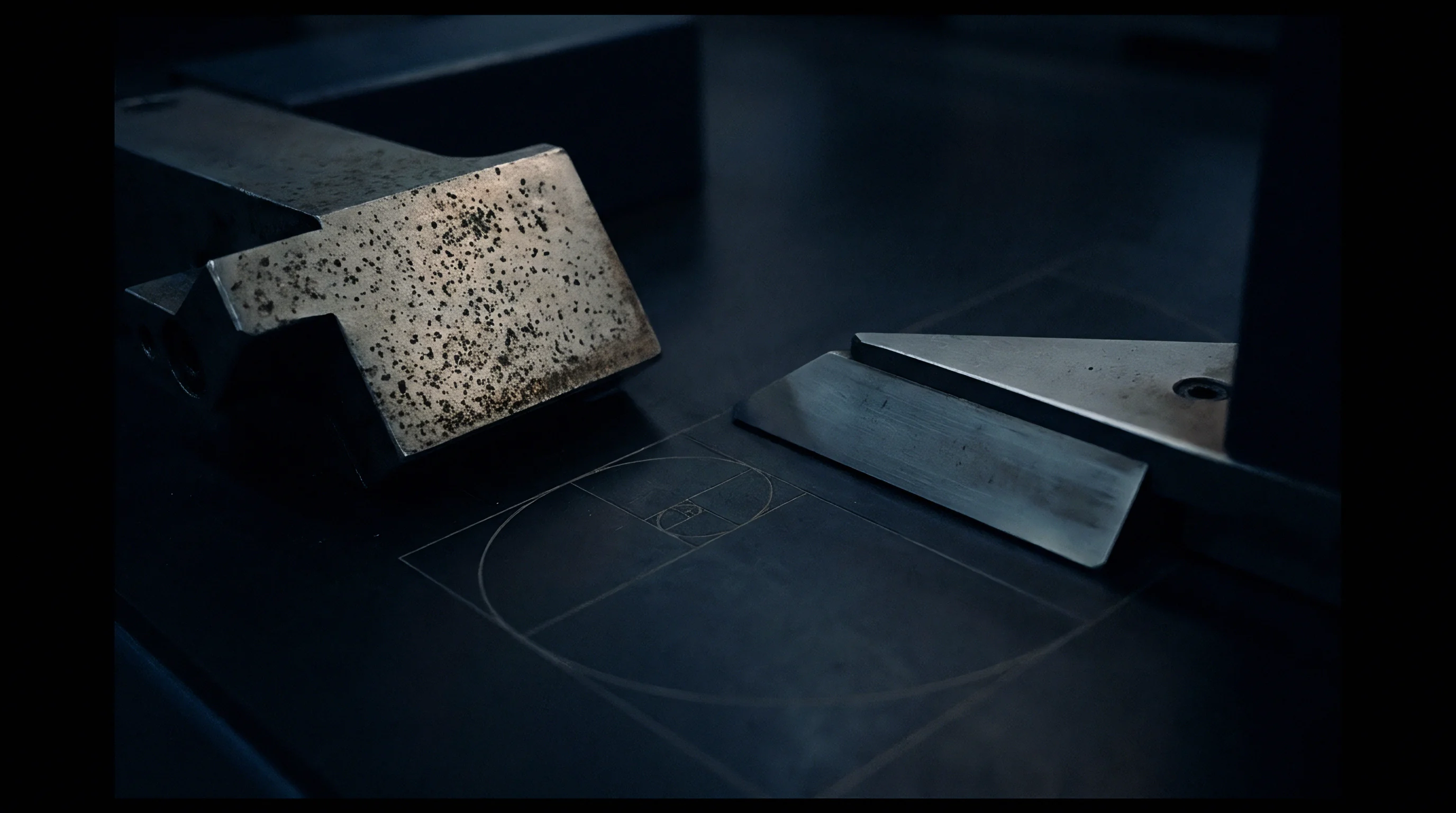 Two metallic objects rest on a dark, matte surface marked with a finely drawn golden ratio spiral and geometric grid.