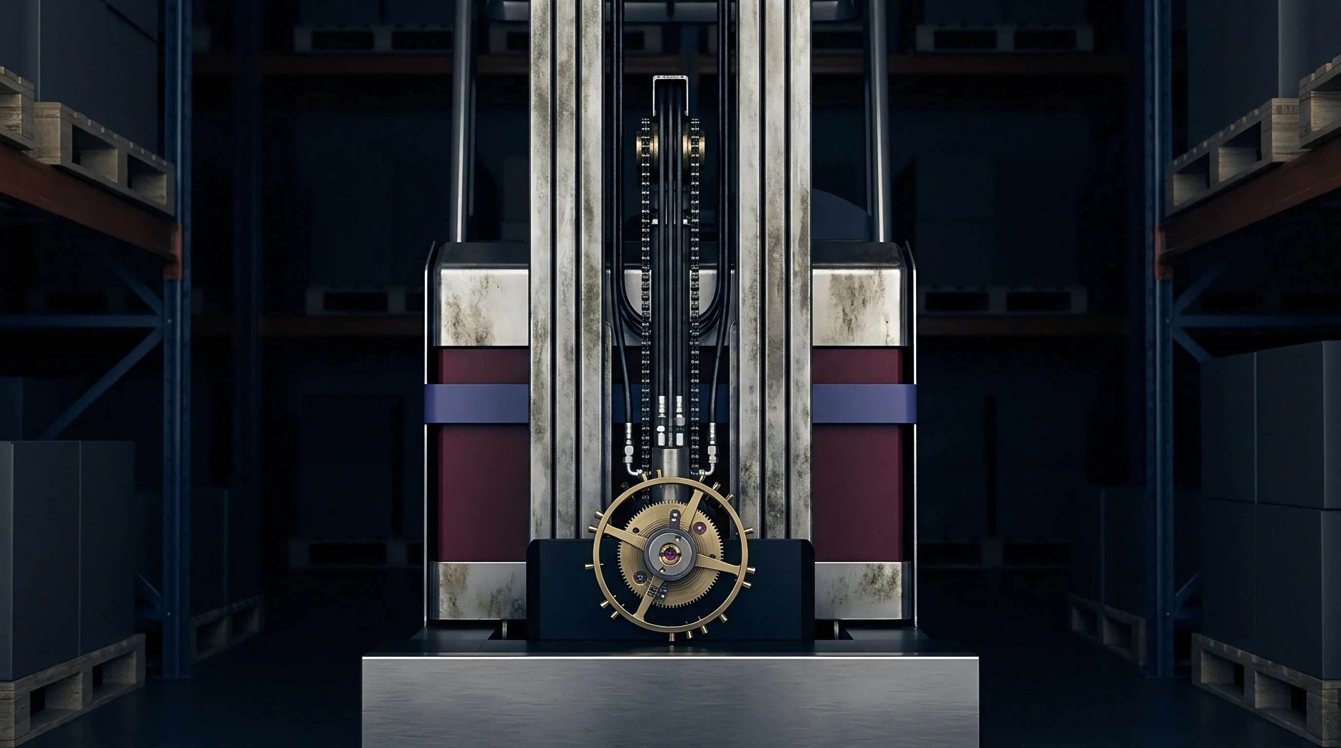 Vertical industrial lifting gear featuring a central mechanical clockwork component rests within a dark warehouse storage environment among metal racking systems.