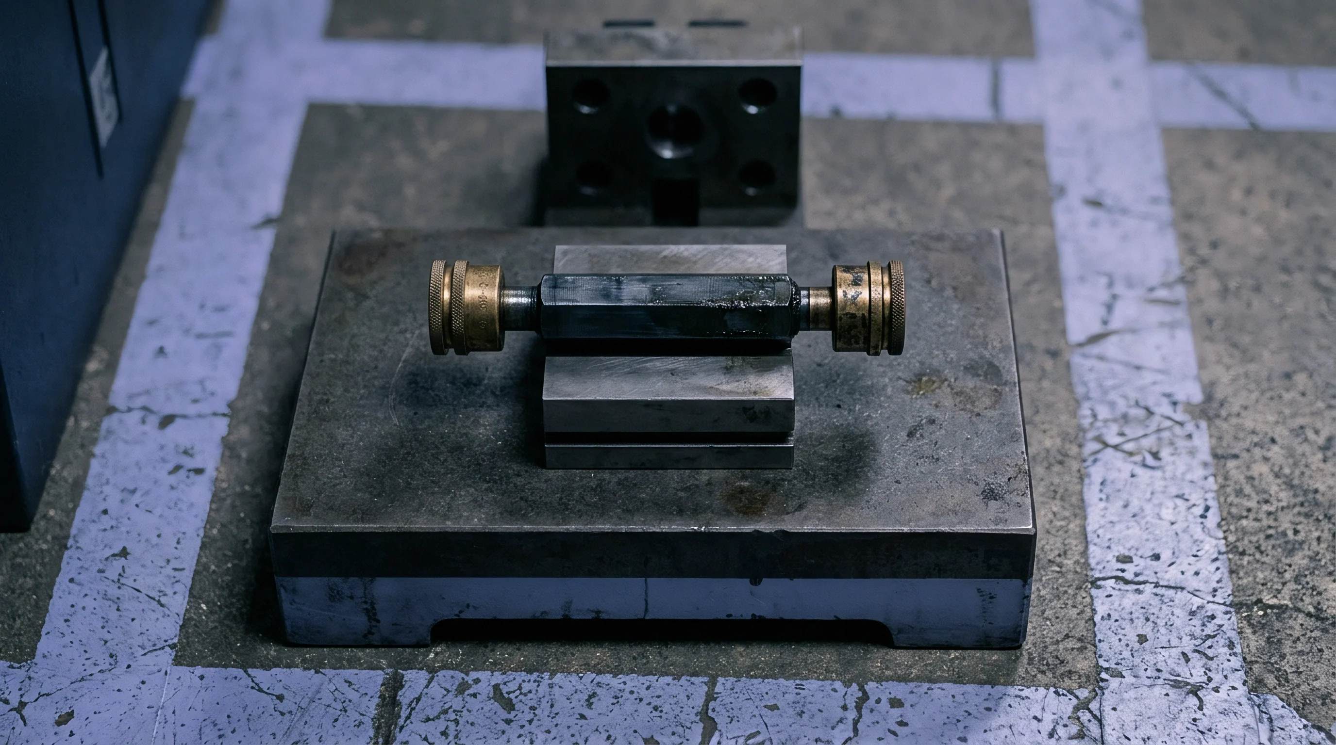 A machined steel component with threaded brass ends rests on a rectangular metal riser block inside floor boundary tape markings.