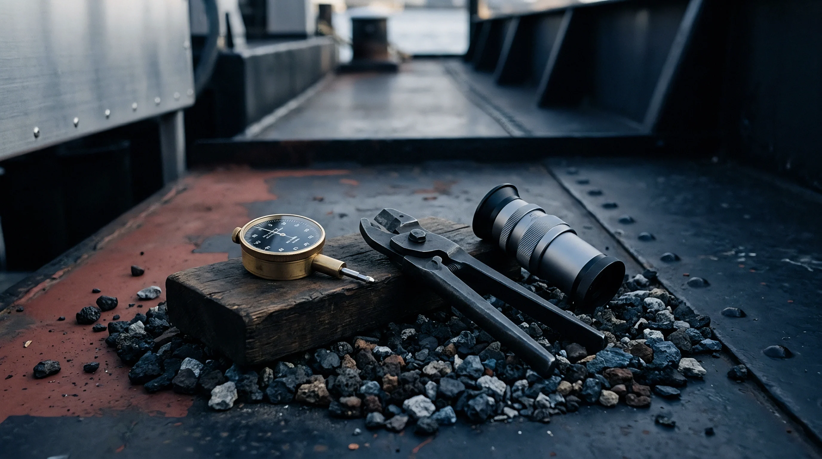 A dial indicator and metal pliers rest on a wooden block atop dark industrial aggregate surrounded by metallic flooring.