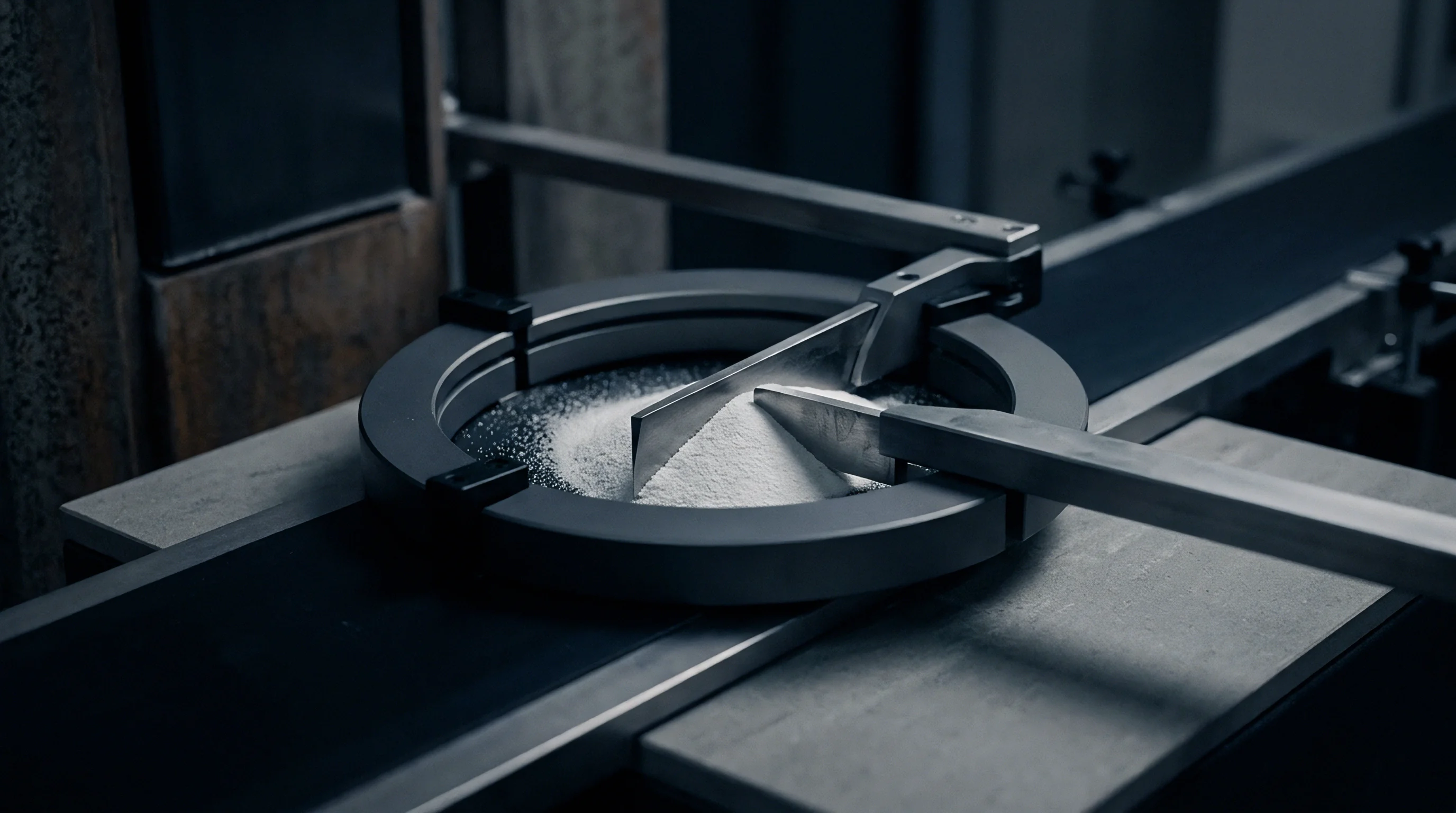 White granular raw material is precisely manipulated by two angled metal blades within a circular dark grey processing disc.