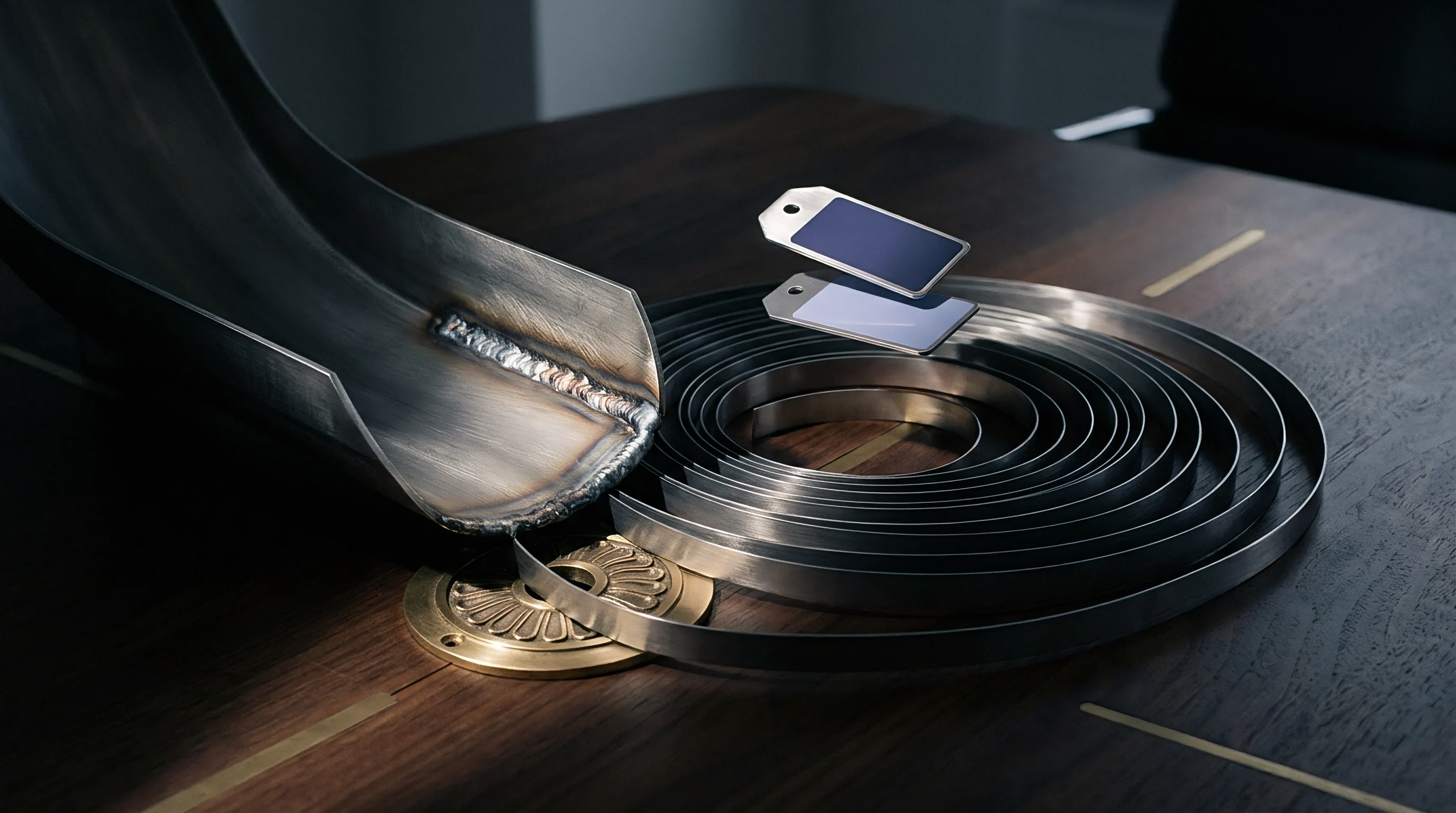 Stainless steel strip feeds from a welded guide onto a dark wooden assembly table alongside identification tags.
