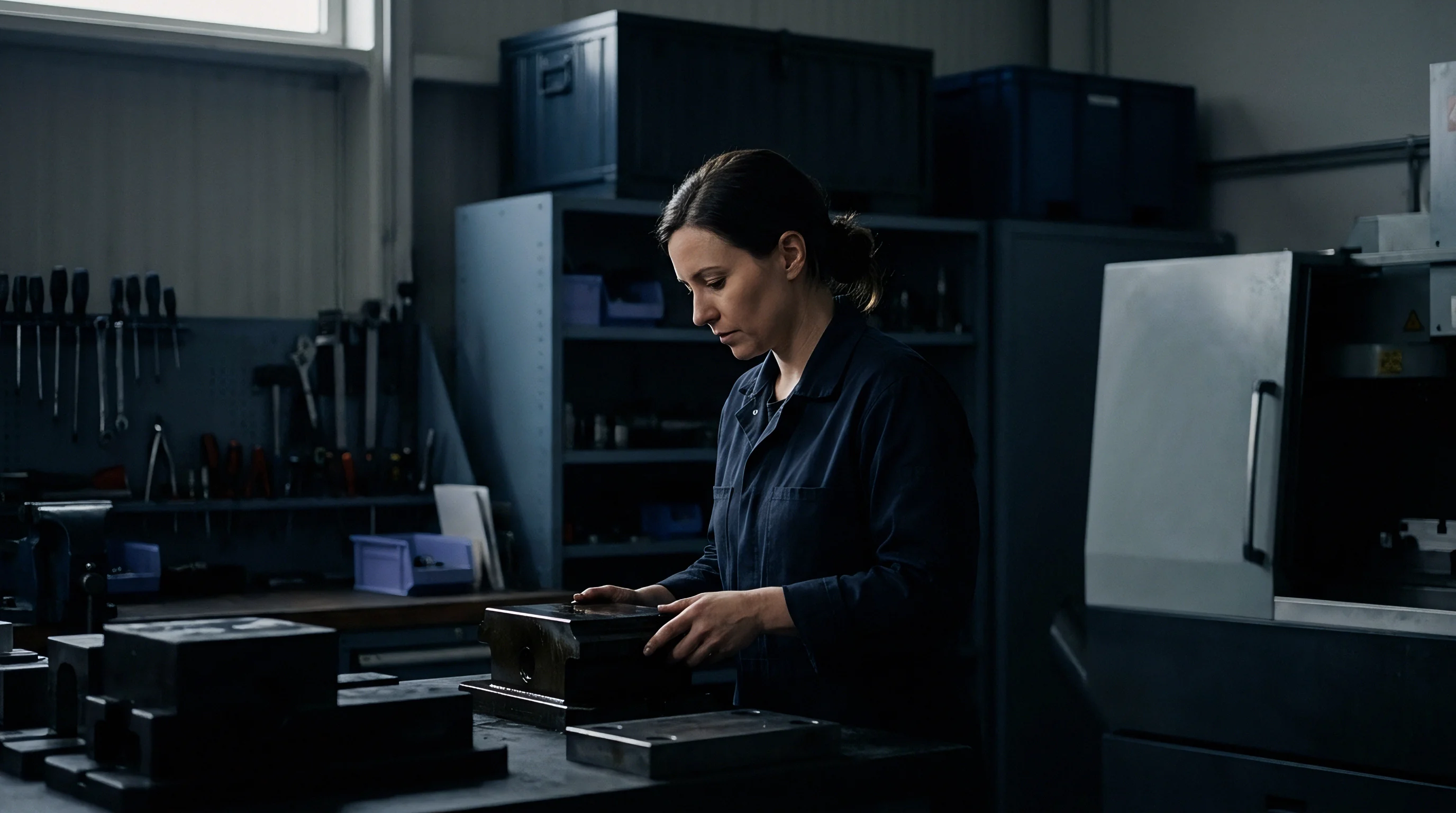 Female technician examines a heavy metal mold component on a workbench within a dark machine shop environment.