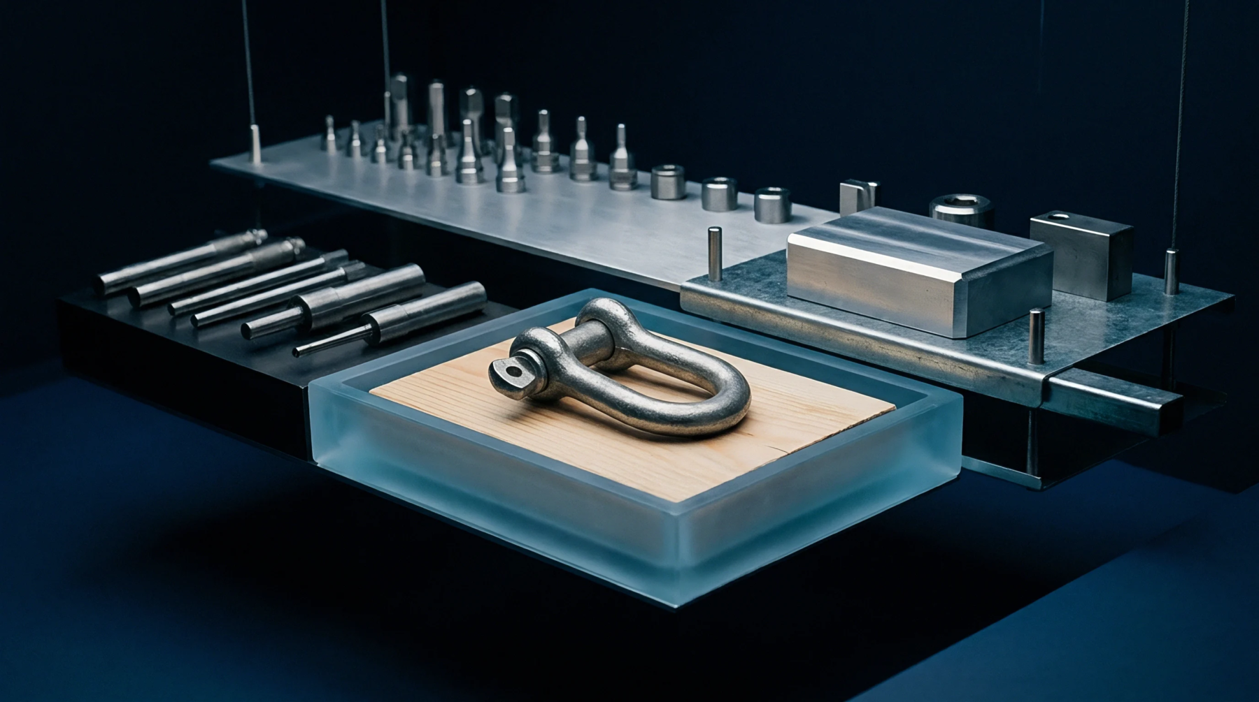 Assorted machined metal components and precision tooling pins rest on layered industrial platforms against a dark blue background.