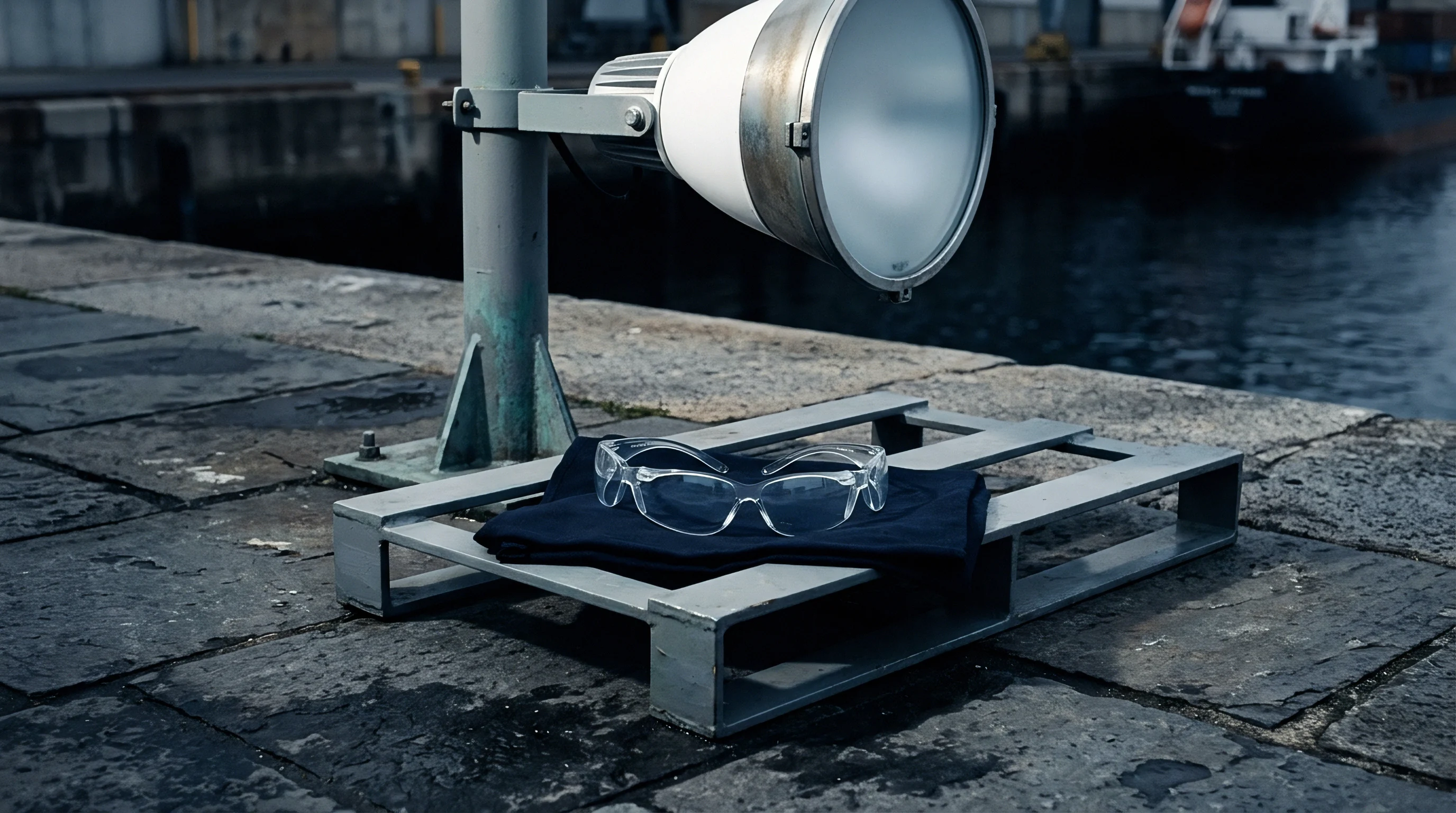 Clear safety goggles rest on a dark textile swatch supported by a steel frame beside an industrial floodlight on a shipping dock.