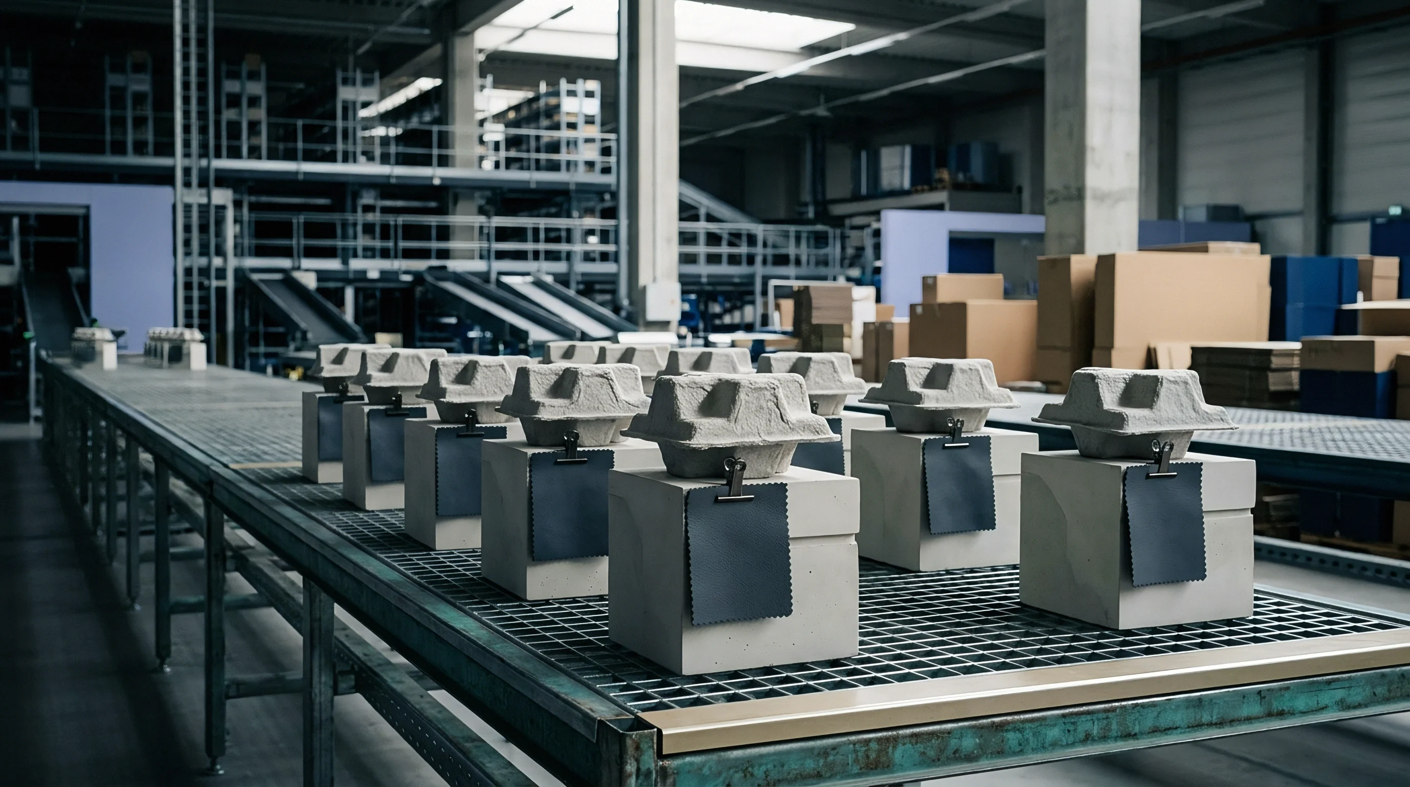 Uniform product units move along an industrial conveyor grid inside an expansive warehouse featuring structural columns and multi level storage systems.