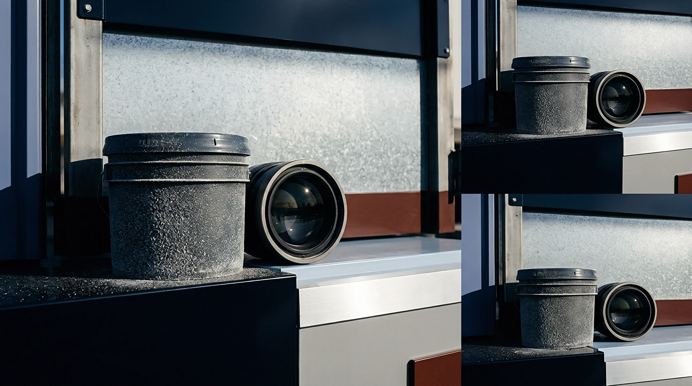 A small grey industrial plastic pail sits beside a photographic lens on a tiered metal platform within an inspection facility environment.
