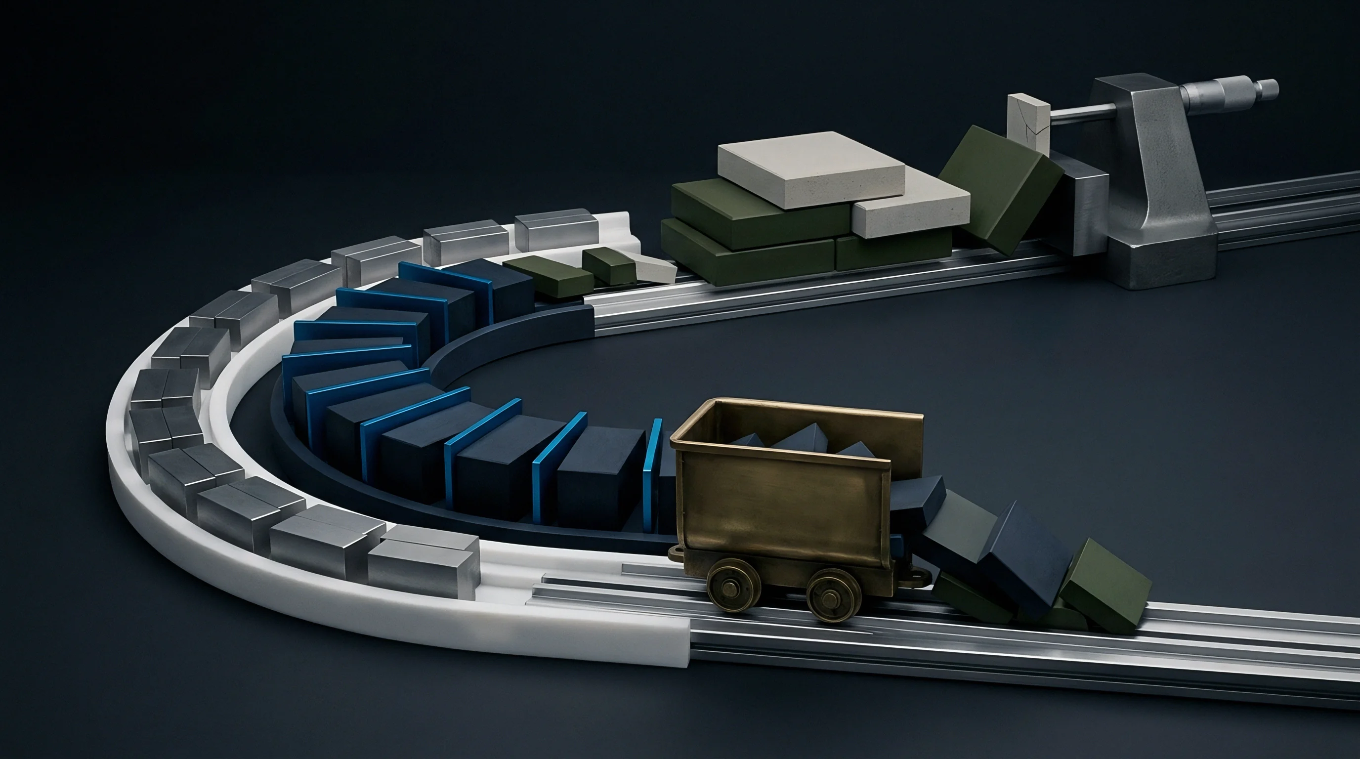 A digital illustration displays a stylized miniature conveyor system with rectangular blocks of various colors undergoing stress testing and sorting.