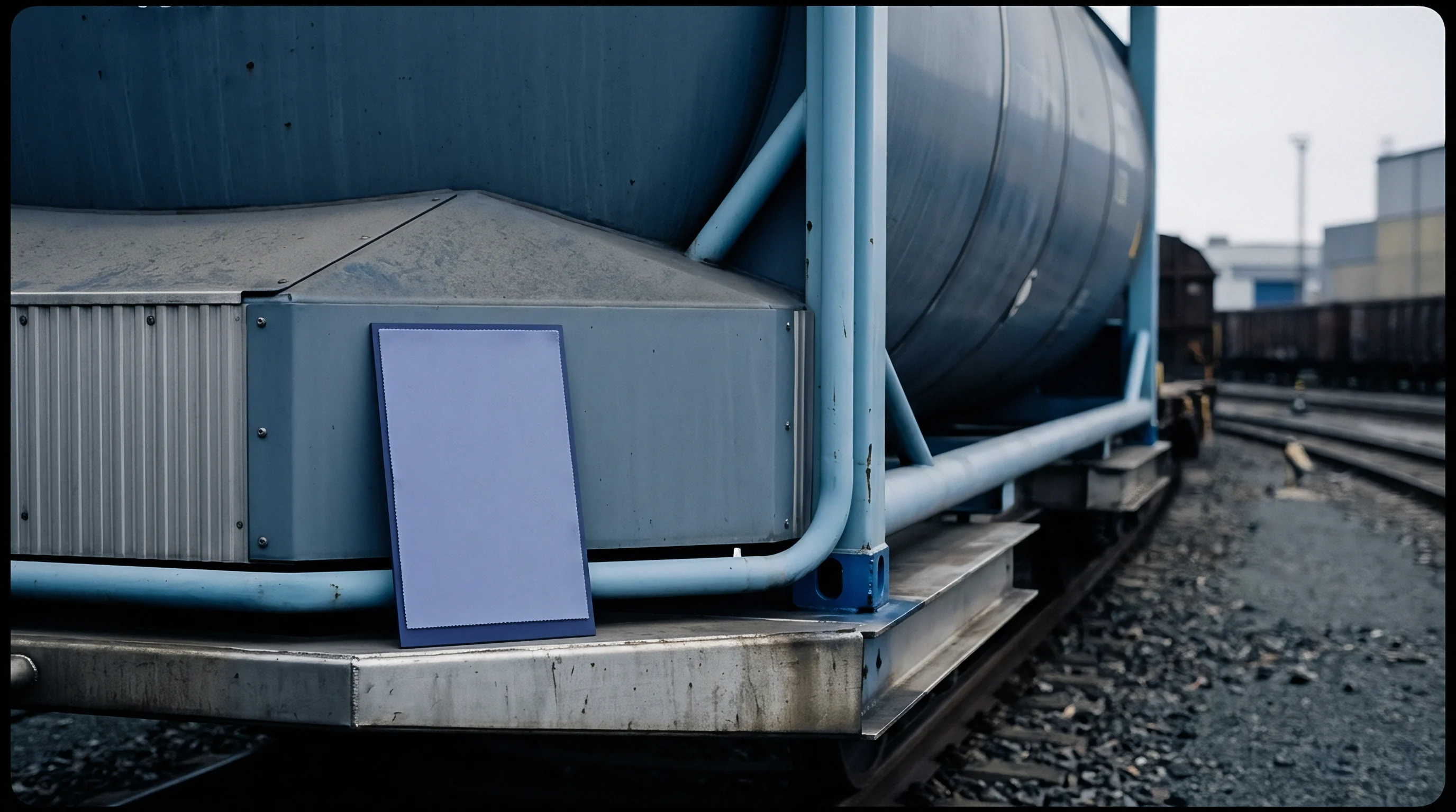 A blue cylindrical intermodal tank container rests securely upon a heavy industrial railway freight car situated within a rail yard.