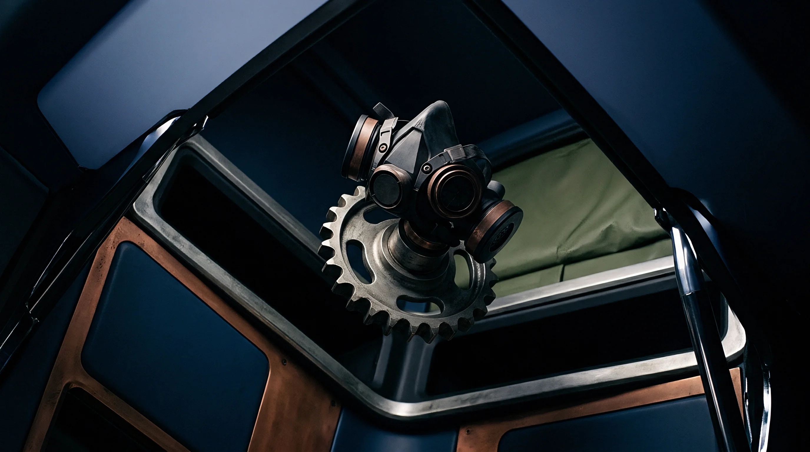 A polymer respirator mask secured to a heavy steel gear assembly inside a painted metal transport container hatch.