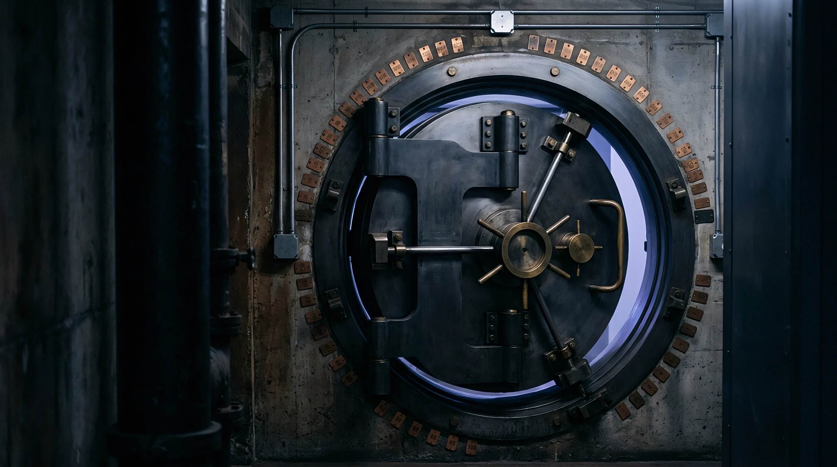 A heavy circular steel vault door sits embedded within a concrete wall alongside mechanical locking arms and a series of numbered metal tags.