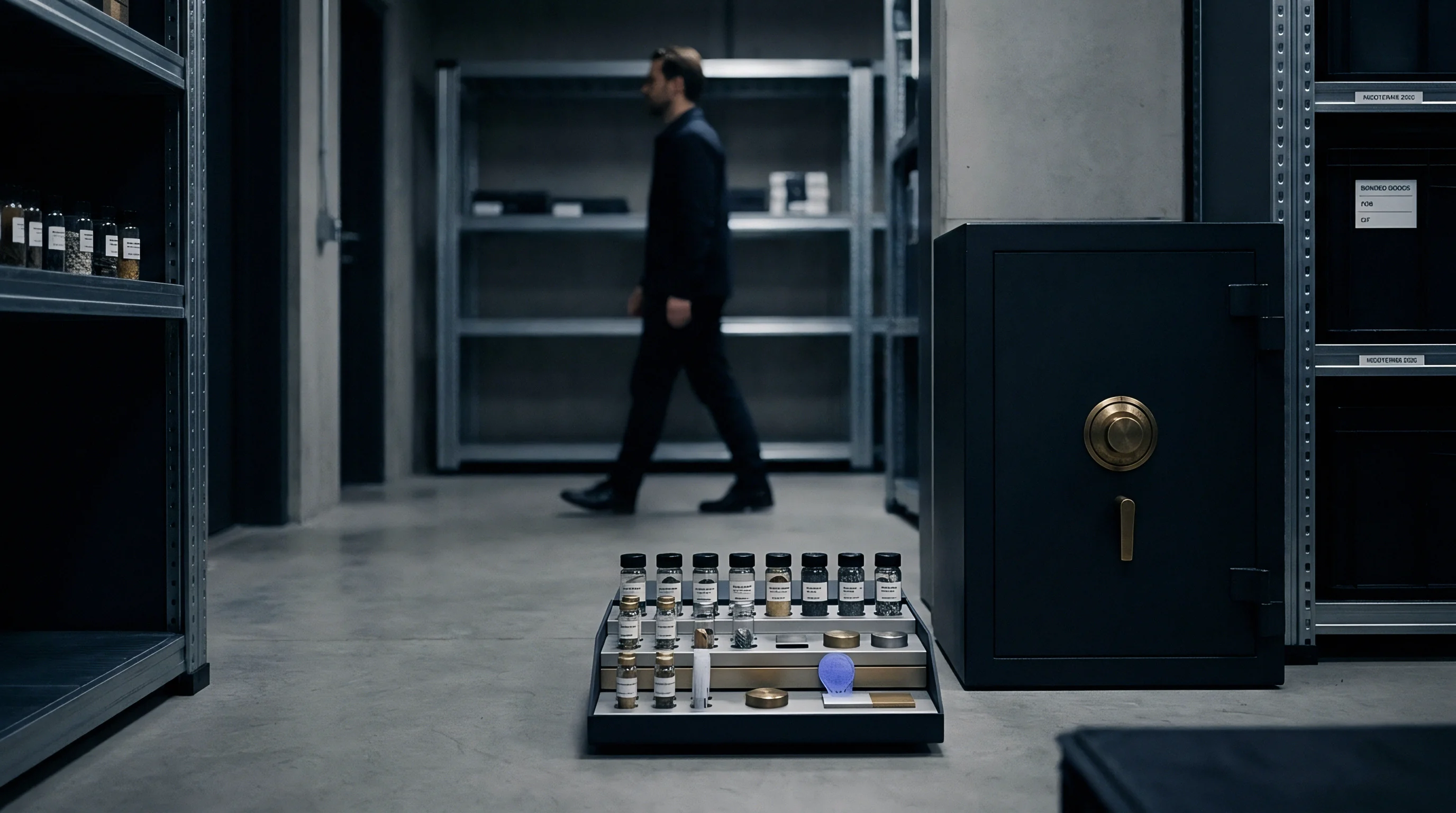 A specimen analysis tray featuring labeled material samples sits near a secure vault within an industrial laboratory facility during inventory procedures.