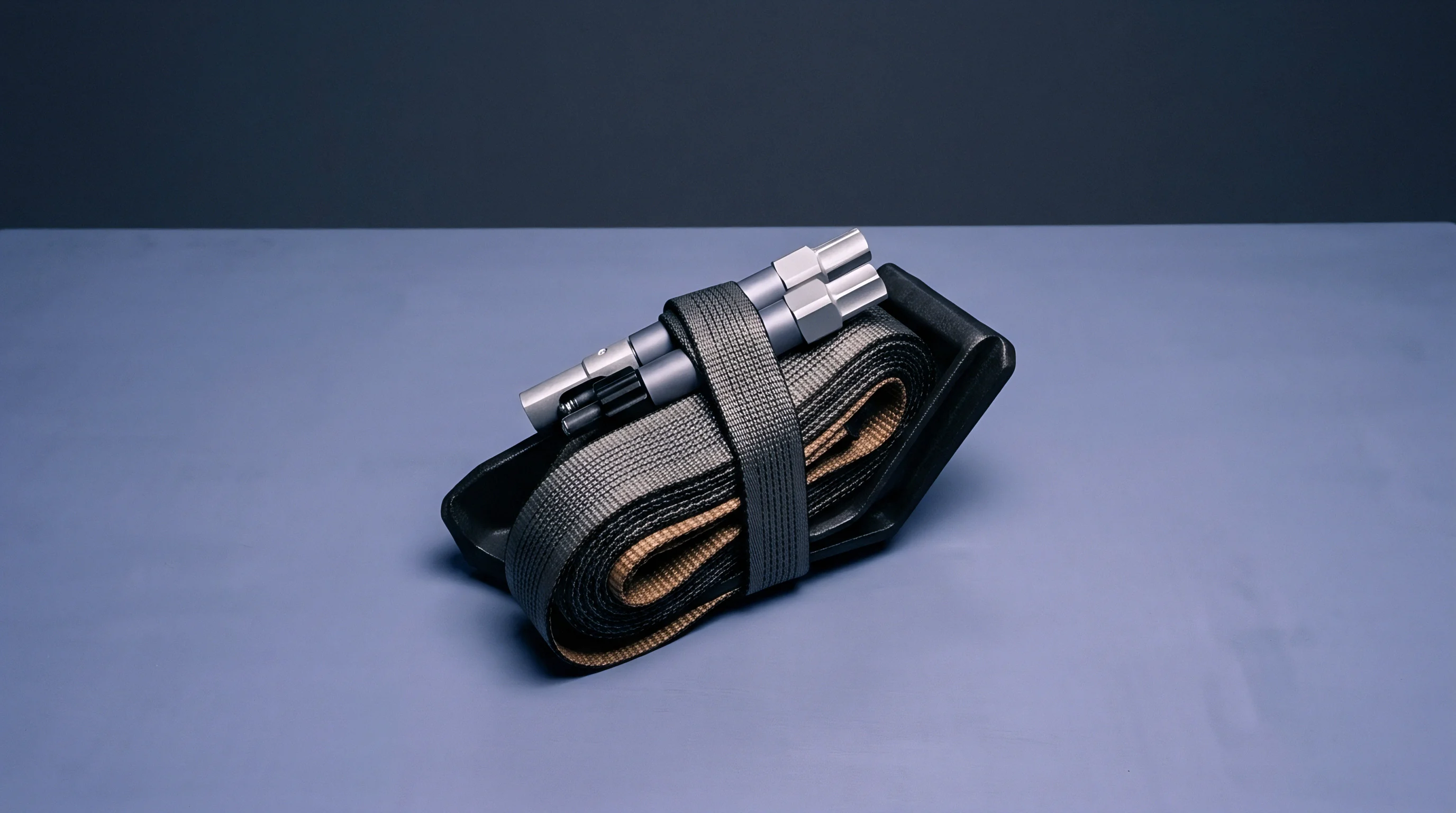 A woven textile webbing strap with metal hex connectors rests inside a molded black polymer holder on a gray surface.