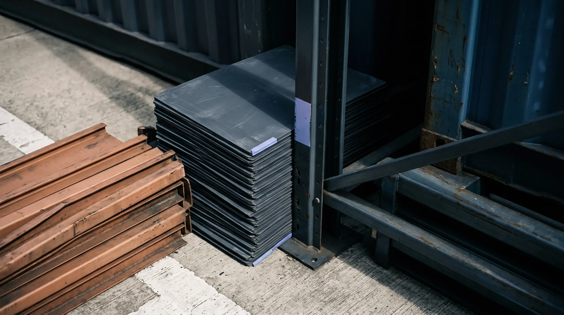 Bundles of coated metal profiles and stacked industrial plates rest on a concrete warehouse floor beside steel shipping container frames.