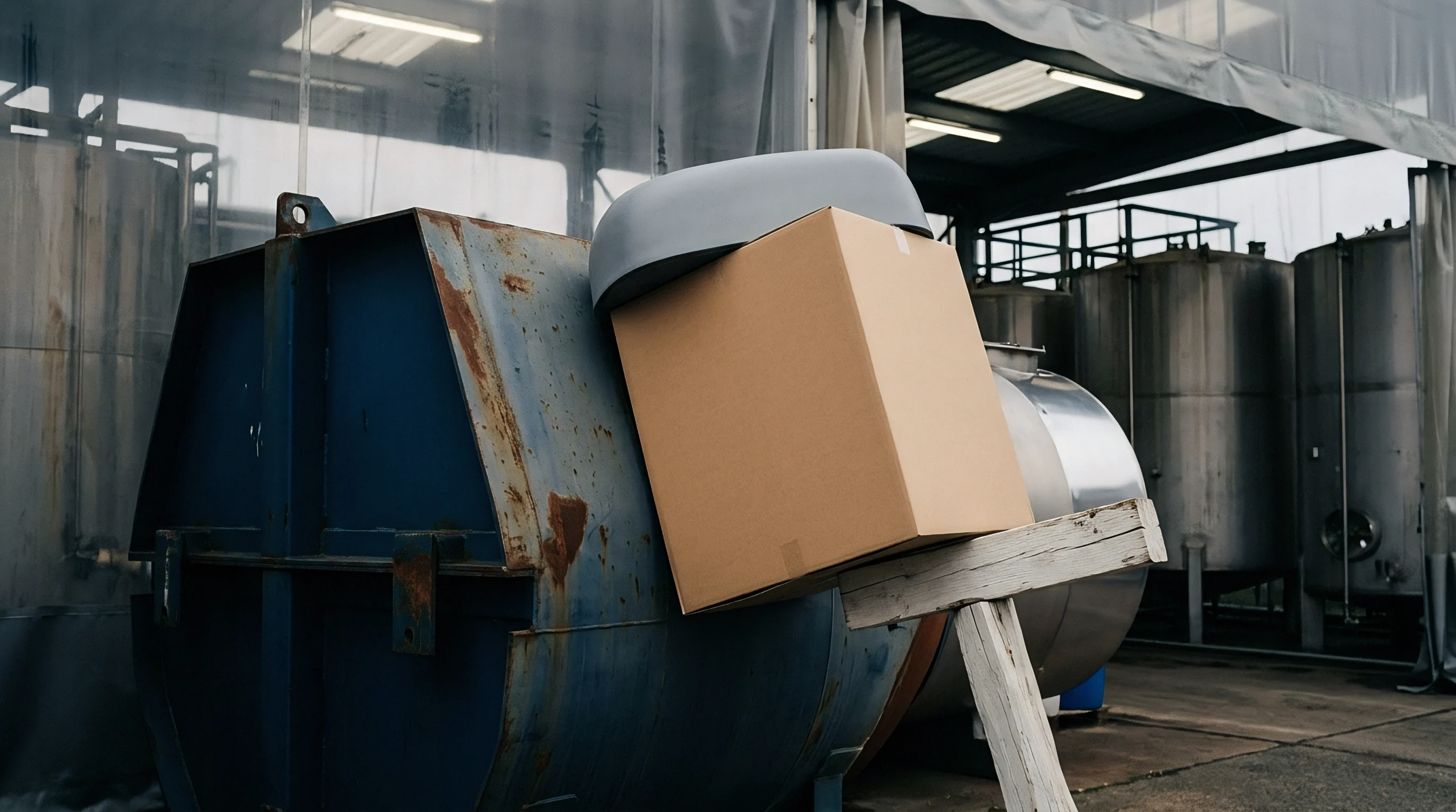 A brown corrugated cardboard shipping carton rests on a wooden support beam beside a weathered blue metal processing tank in an industrial facility.