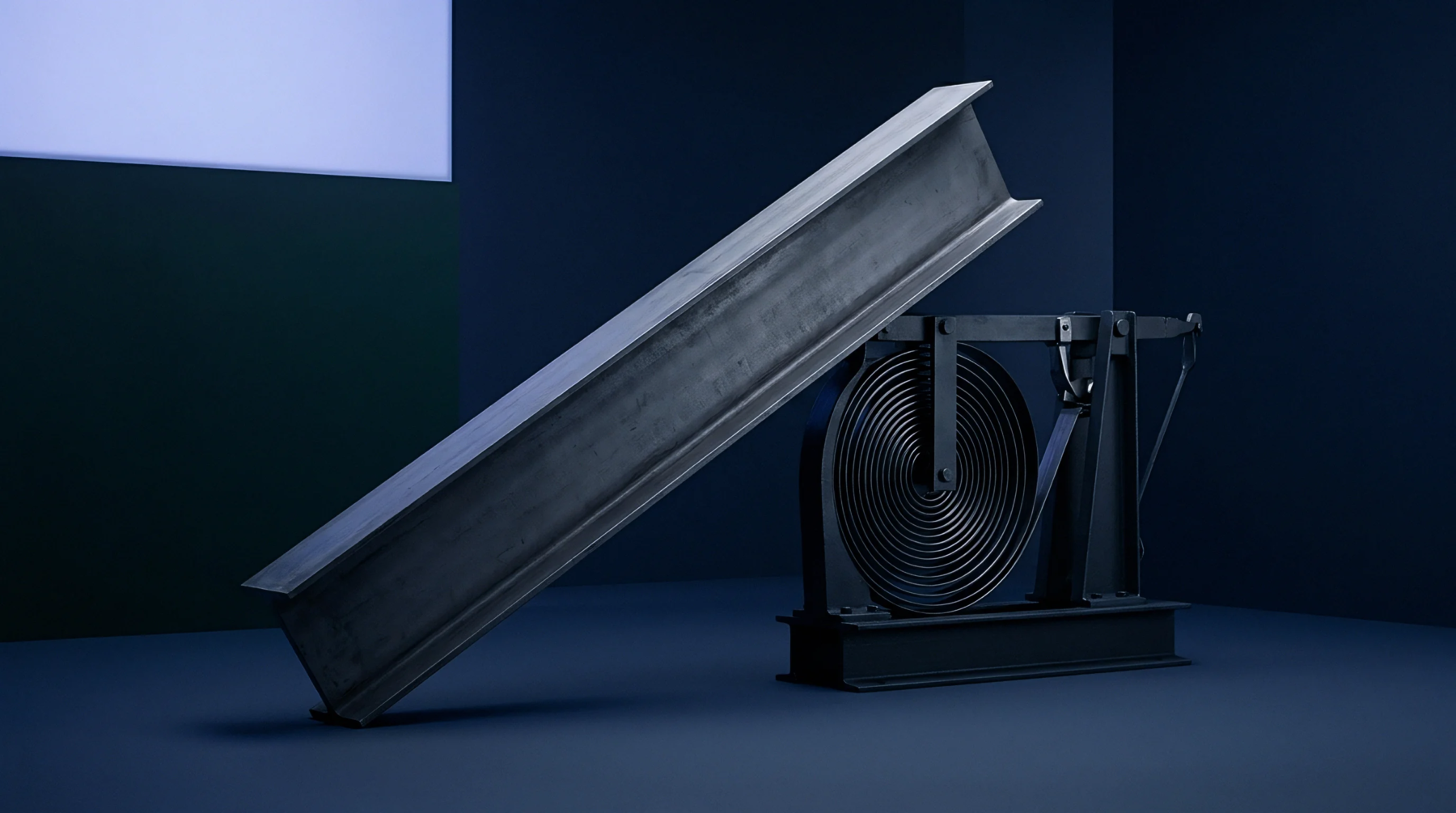 A structural steel beam rests diagonally on a mechanical tension test rig with a large spiral spring in a studio setting.