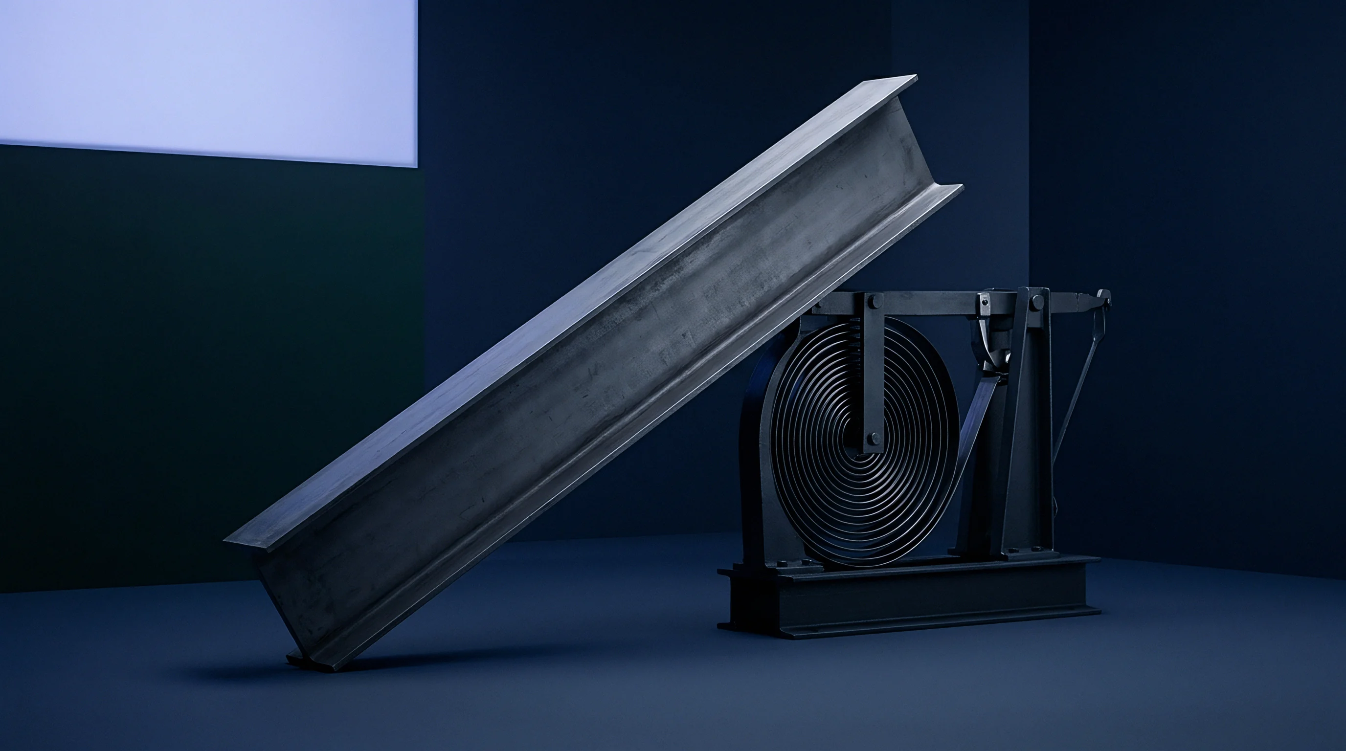 A structural steel beam rests diagonally on a mechanical tension test rig with a large spiral spring in a studio setting.