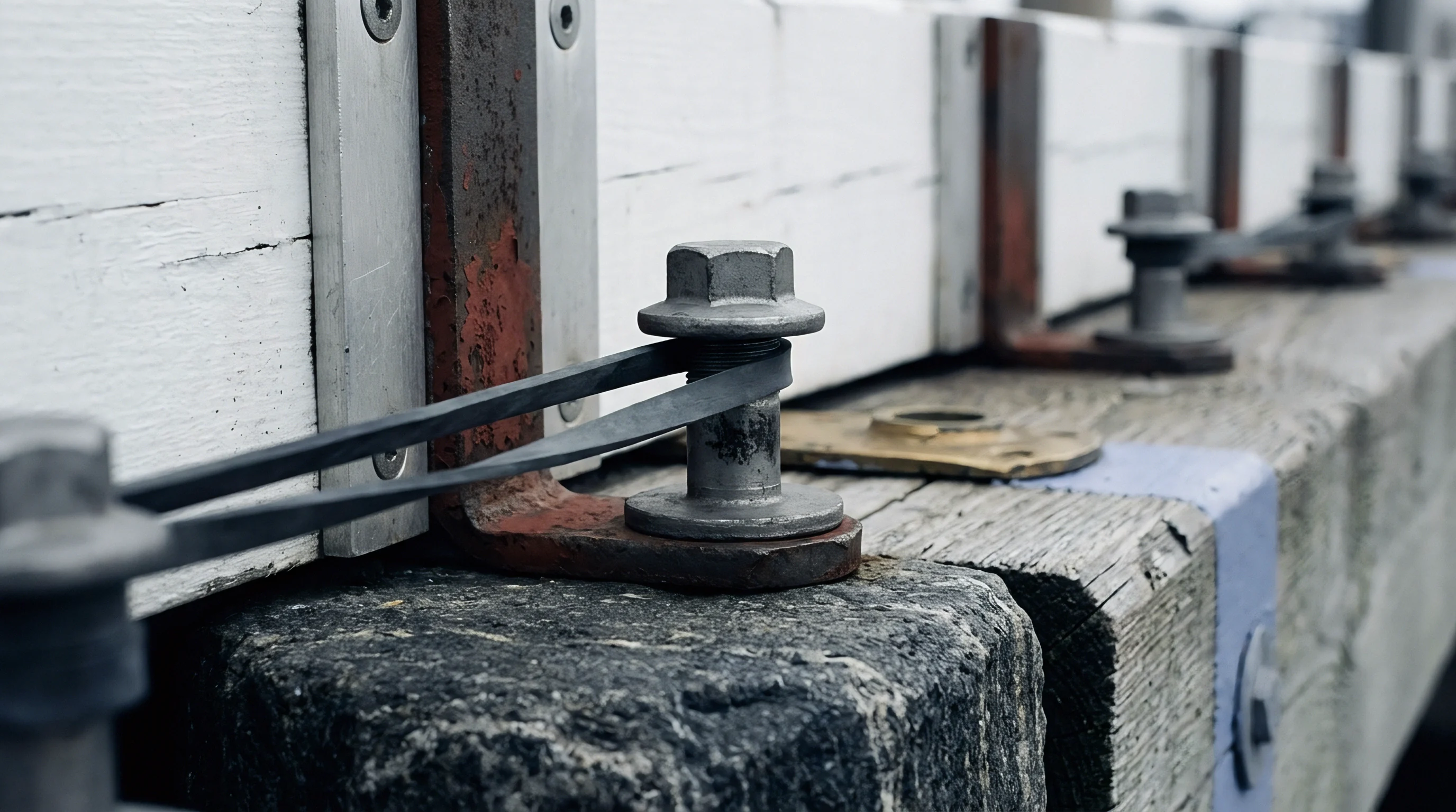 Steel flange bolts and brackets secure weathered wooden beams on an outdoor marine structure alongside a black elastic tension strap.