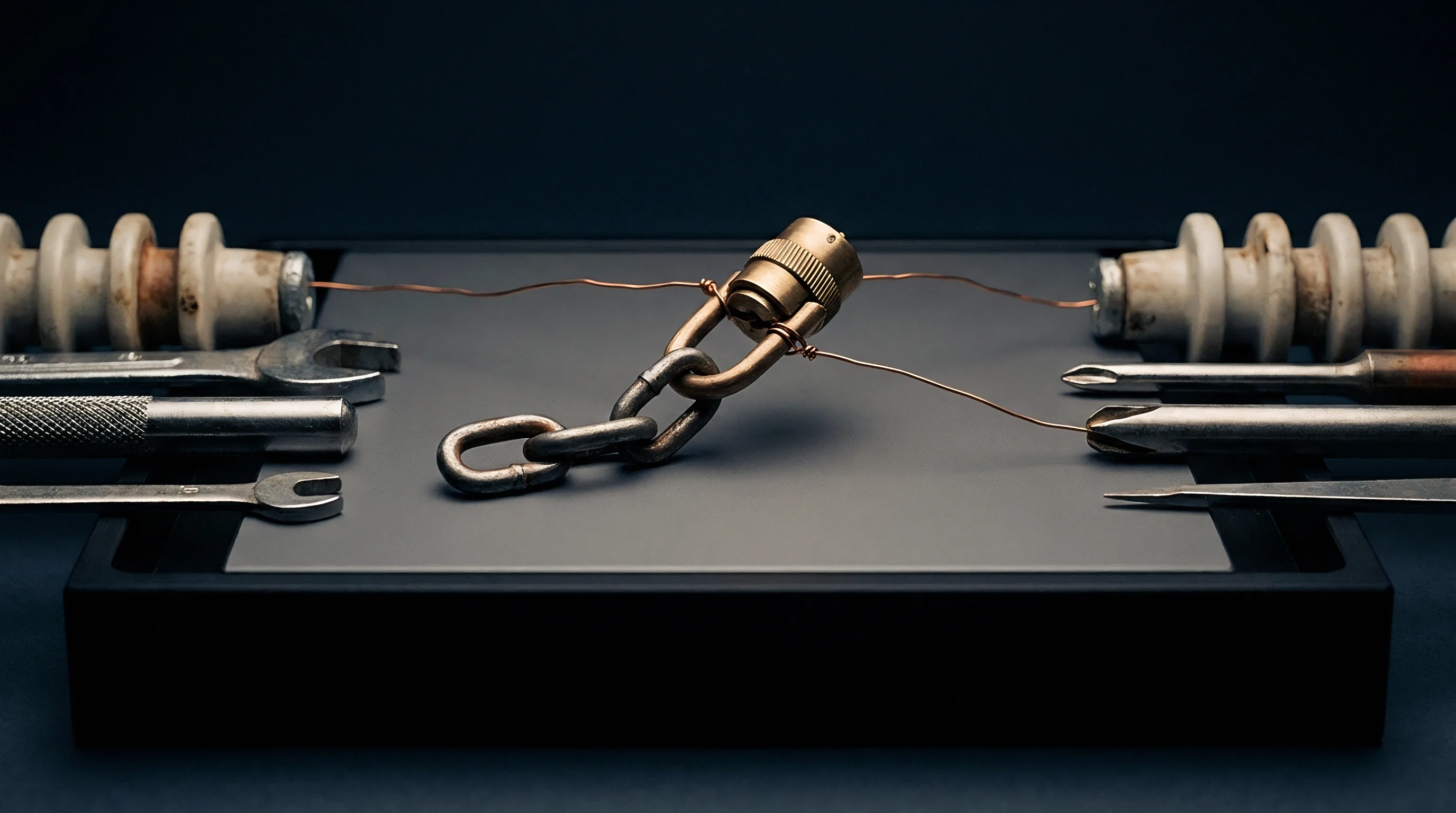 Metal chain links and a threaded electrical connector sit centrally between ceramic insulators while assorted assembly tools rest on the dark work surface.