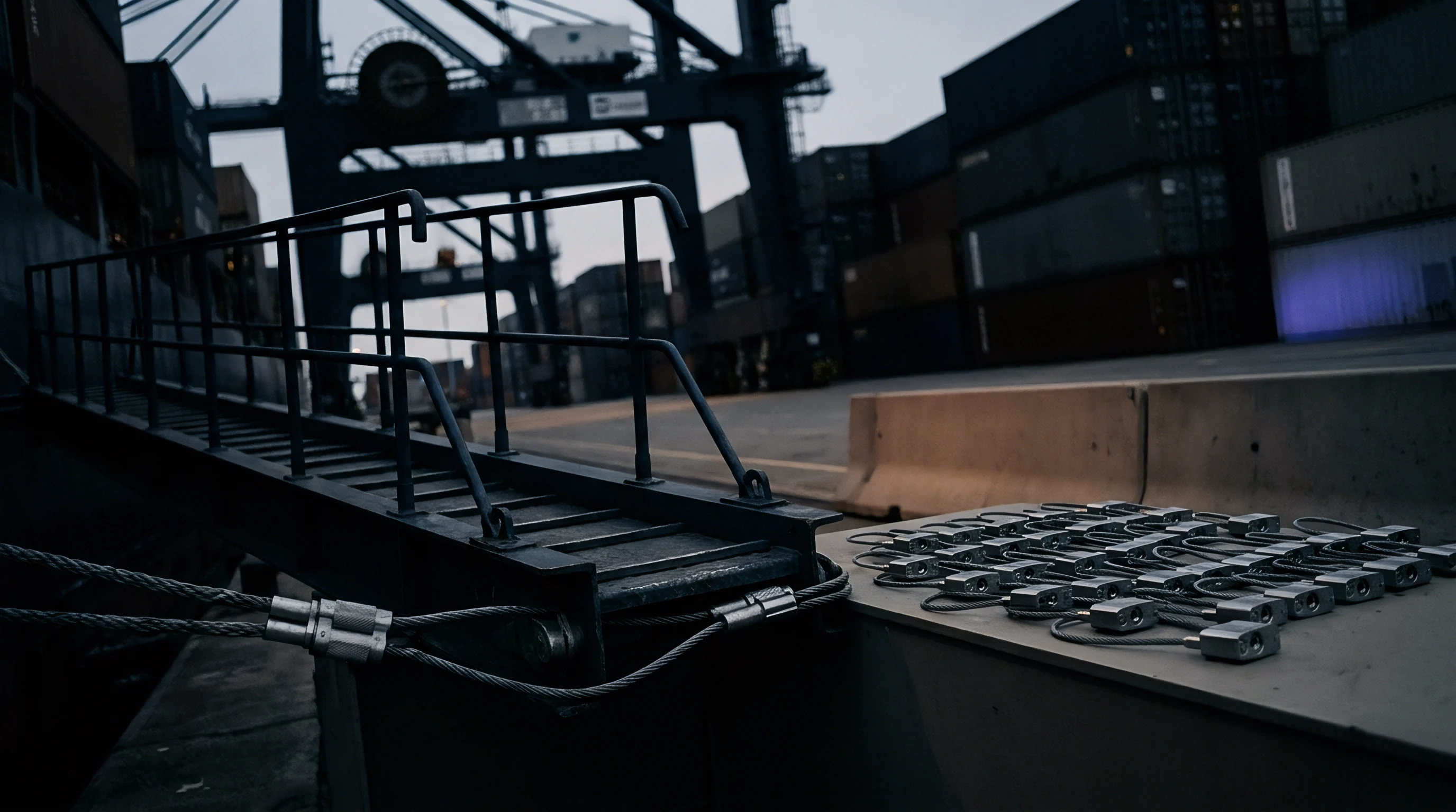 Metal tamper evident seals lie alongside a steel walkway at a busy container terminal during the dim light of dusk.