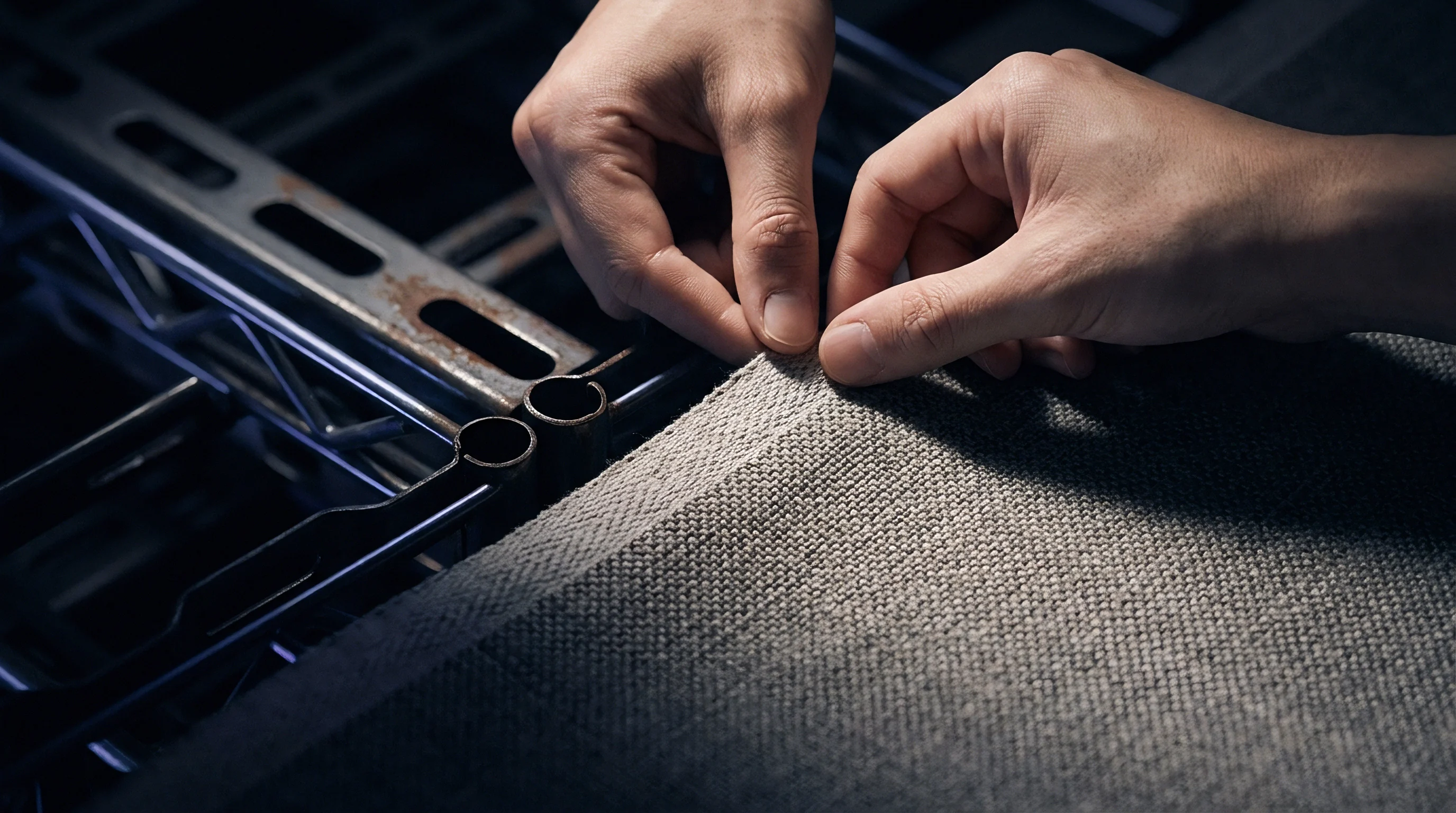 An inspector aligns a coarse grey woven textile fabric against a steel industrial shelving frame during the furniture assembly production process.