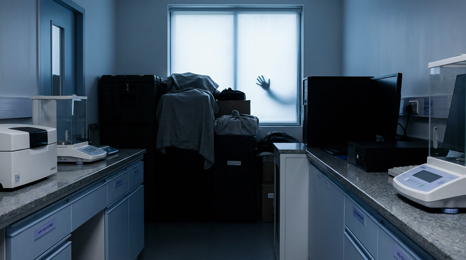 Laboratory balances and quality inspection equipment sit on benches inside a dark testing facility as a hand silhouette appears on the frosted window.