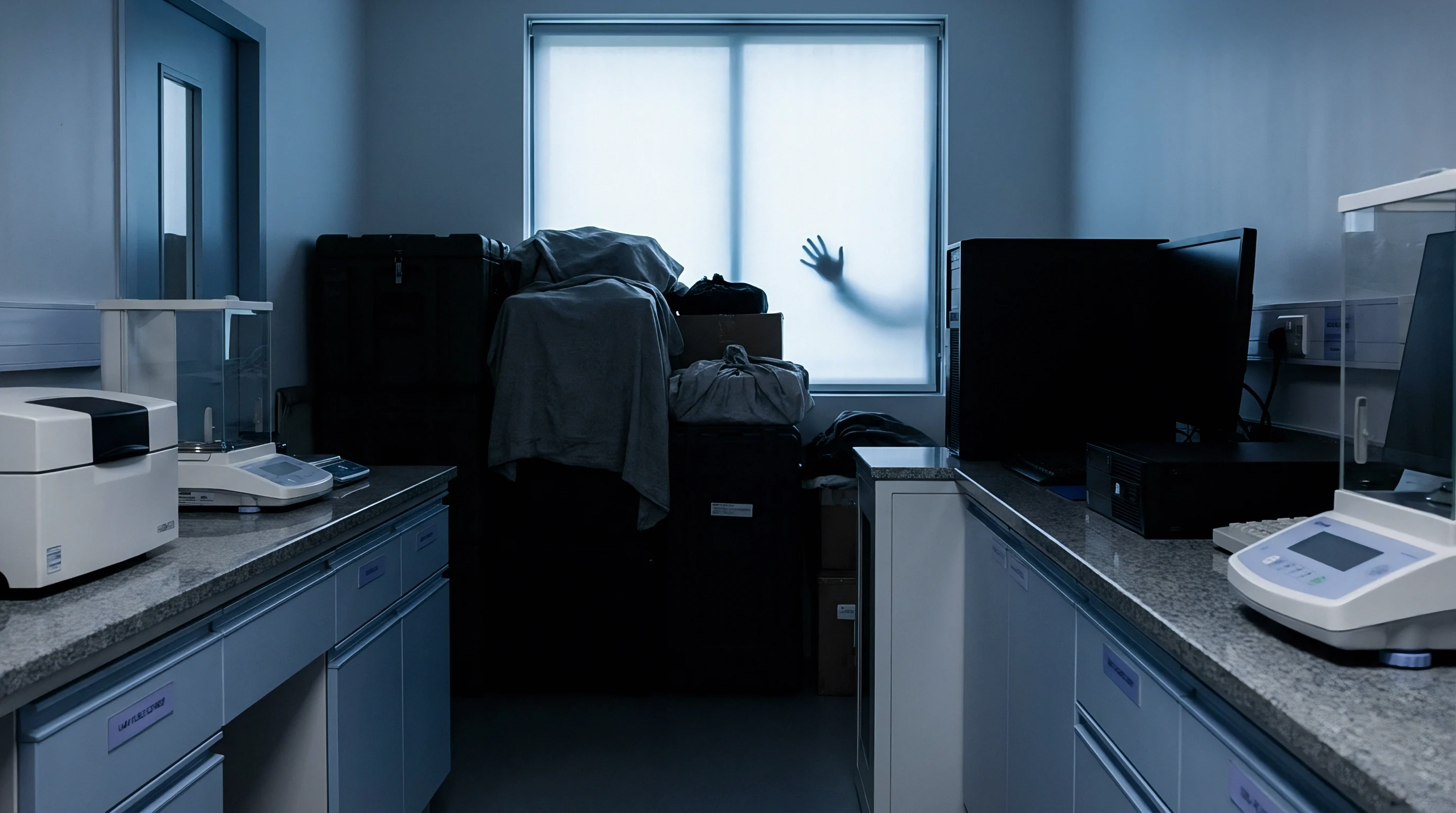 Laboratory balances and quality inspection equipment sit on benches inside a dark testing facility as a hand silhouette appears on the frosted window.