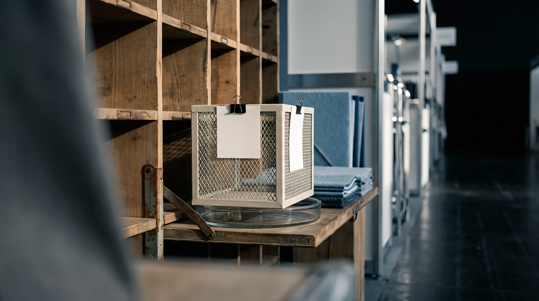 A metal wire mesh basket holding blank identification tags sits upon a wooden workbench within a structured manufacturing facility storage area.