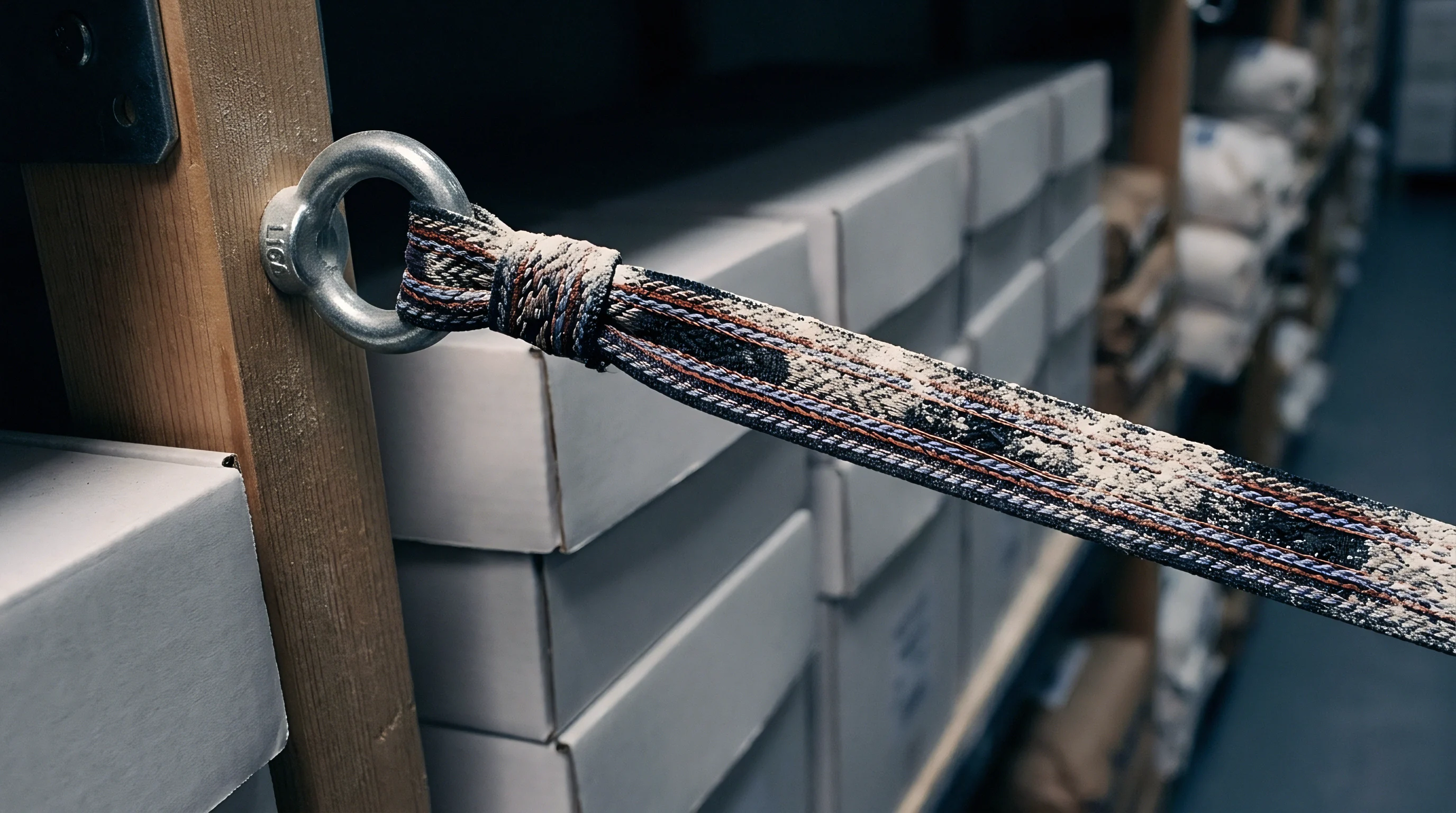 A woven textile strap passes through a steel eye bolt on a wooden racking post inside a warehouse holding stacked cardboard boxes.
